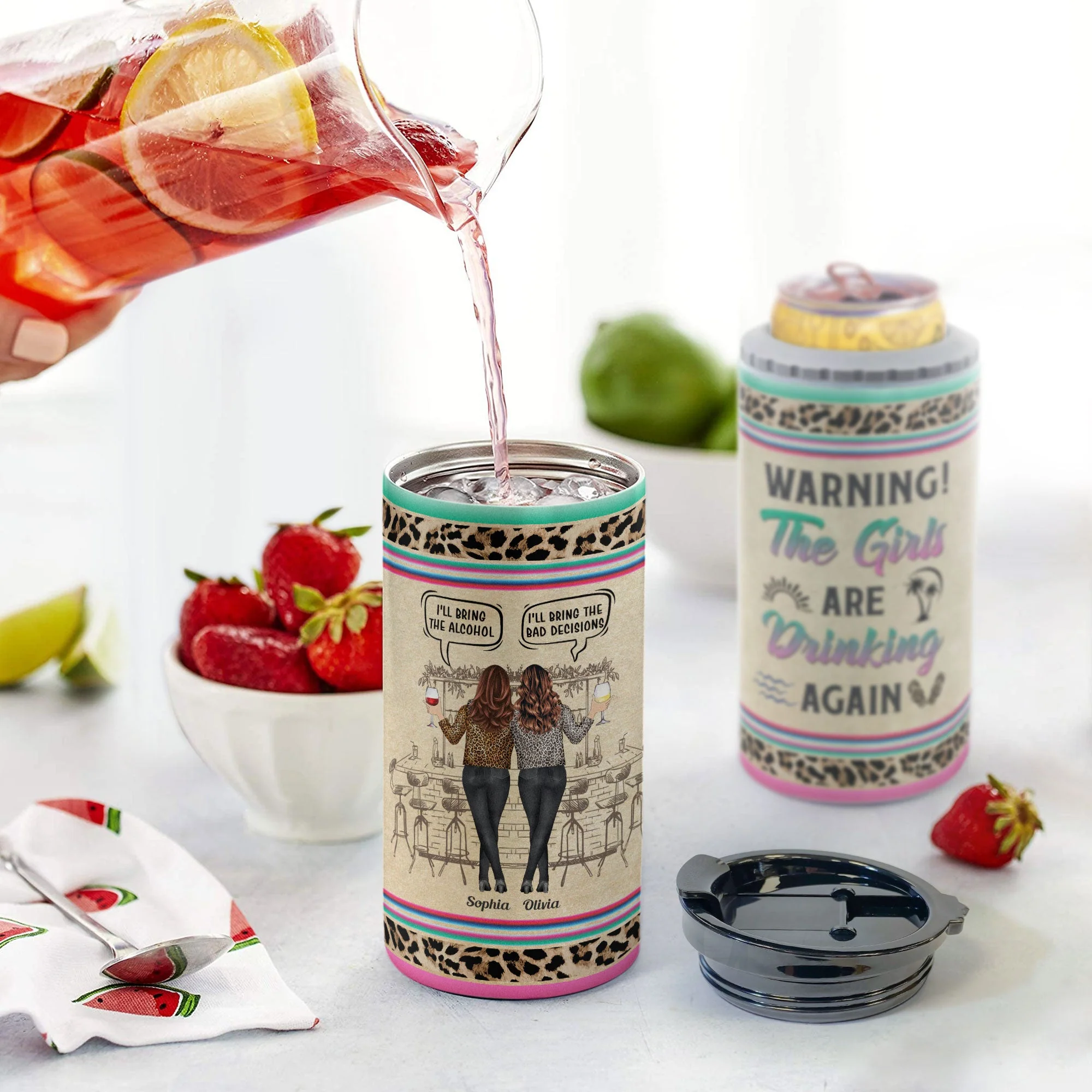 Warning The Girls Are Drinking Again - Personalized Can Cooler - Funny Birthday, Summer Gift For Besties, Sisters, Sistas, Soul Sisters, BFF, Colleagues, Coworkers - Image 2