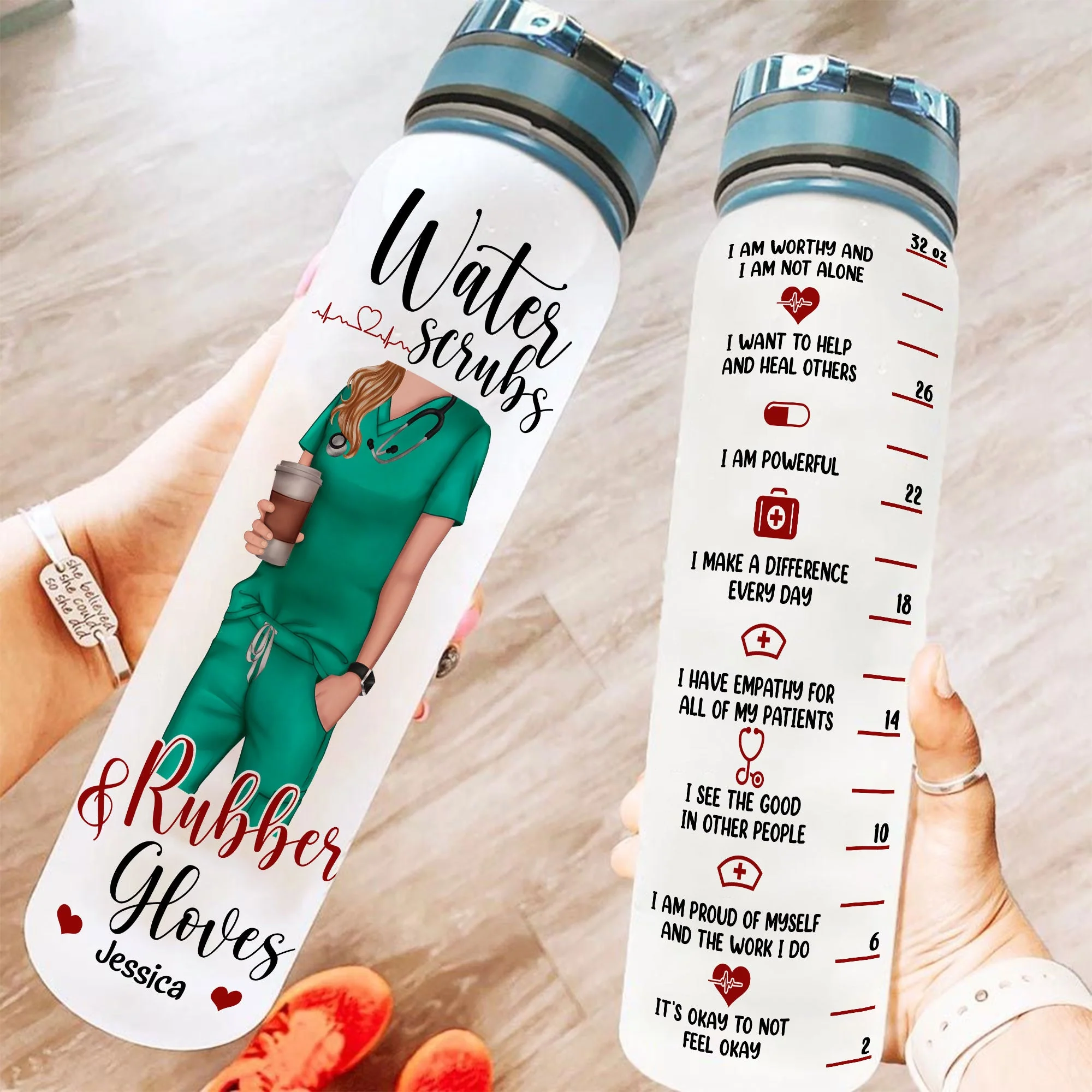 Water Scrubs & Rubber Gloves - Personalized Water Bottle With Time Marker - Image 2