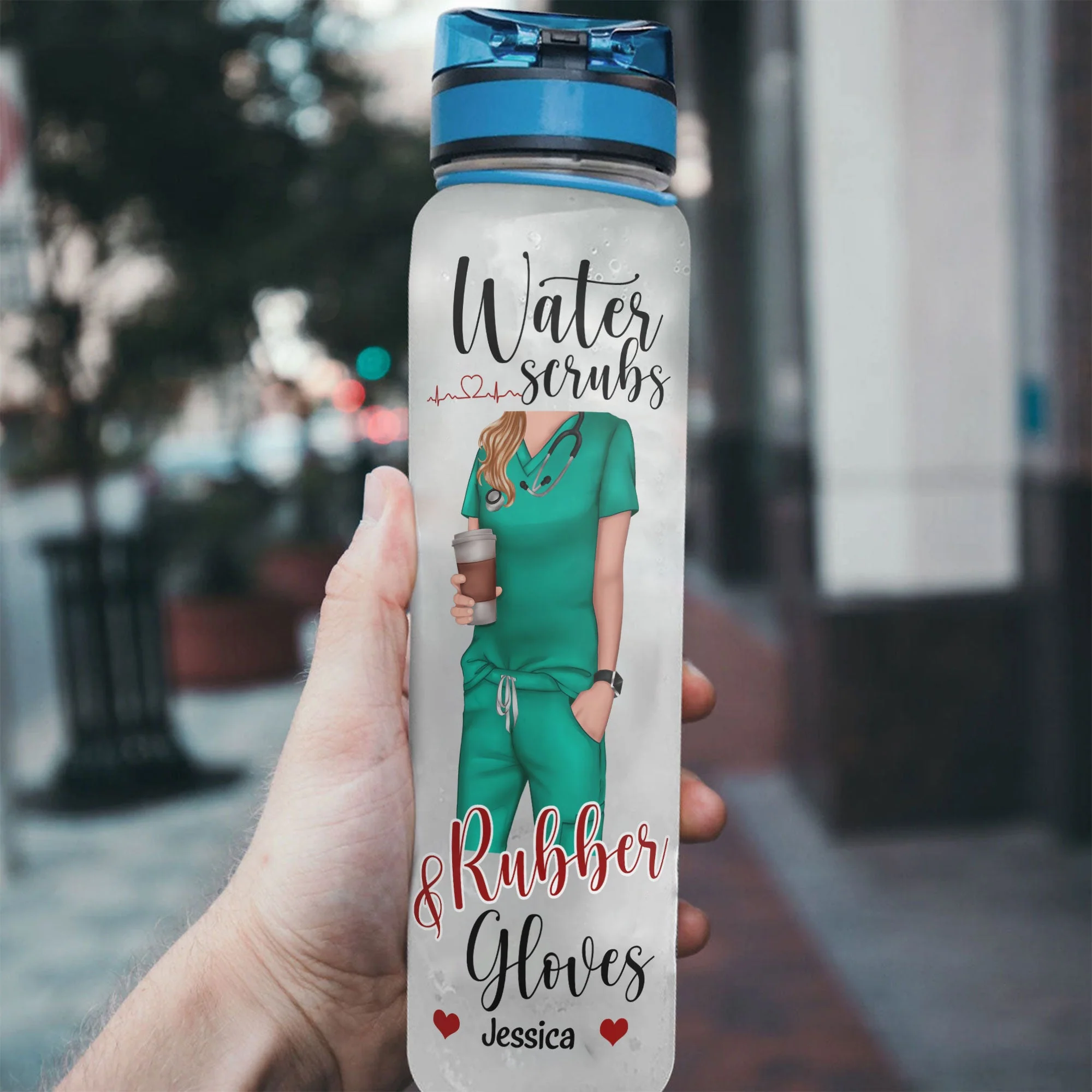 Water Scrubs & Rubber Gloves - Personalized Water Bottle With Time Marker - Image 3