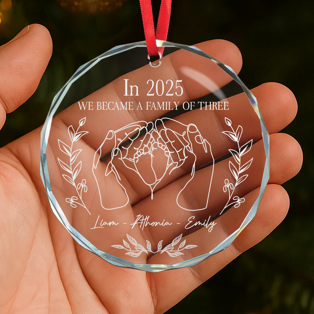 We Became A Family Of Three - Personalized Glass Ornament - Image 4