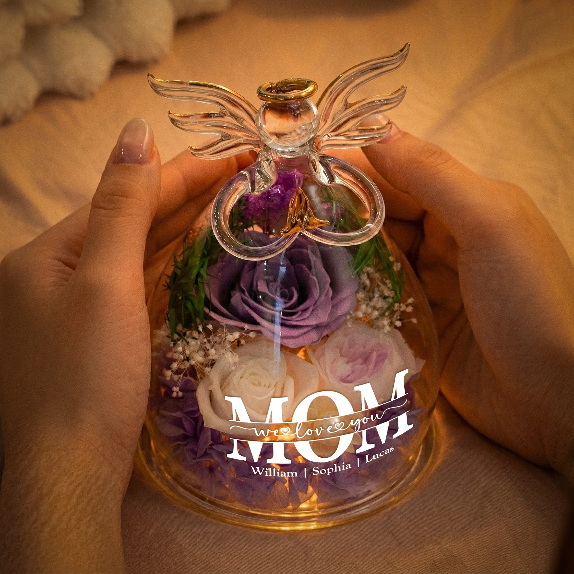 We Love You Mom! - Personalized Flower In Glass Angel Figurines - Image 3