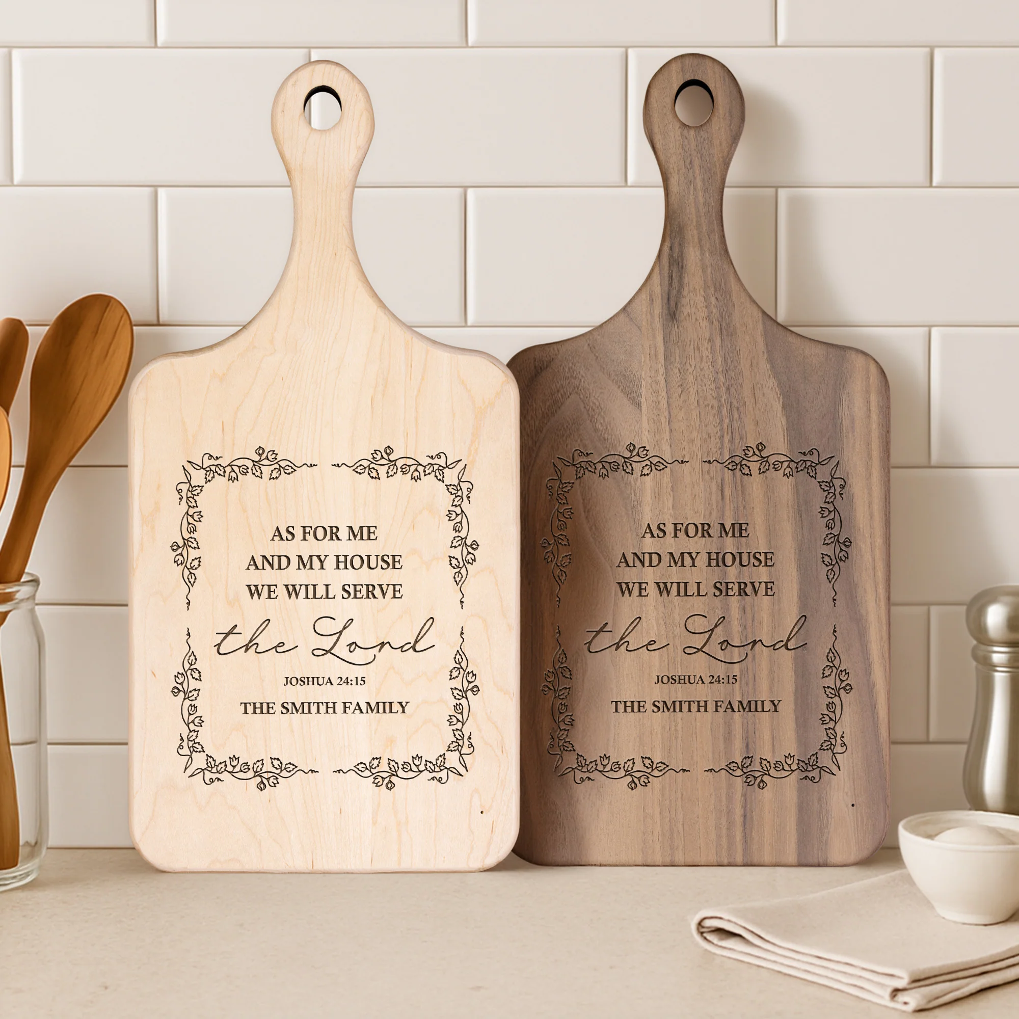 We Will Serve The Lord - Joshua 24:15 - Personalized Paddle Cutting Board - Image 2