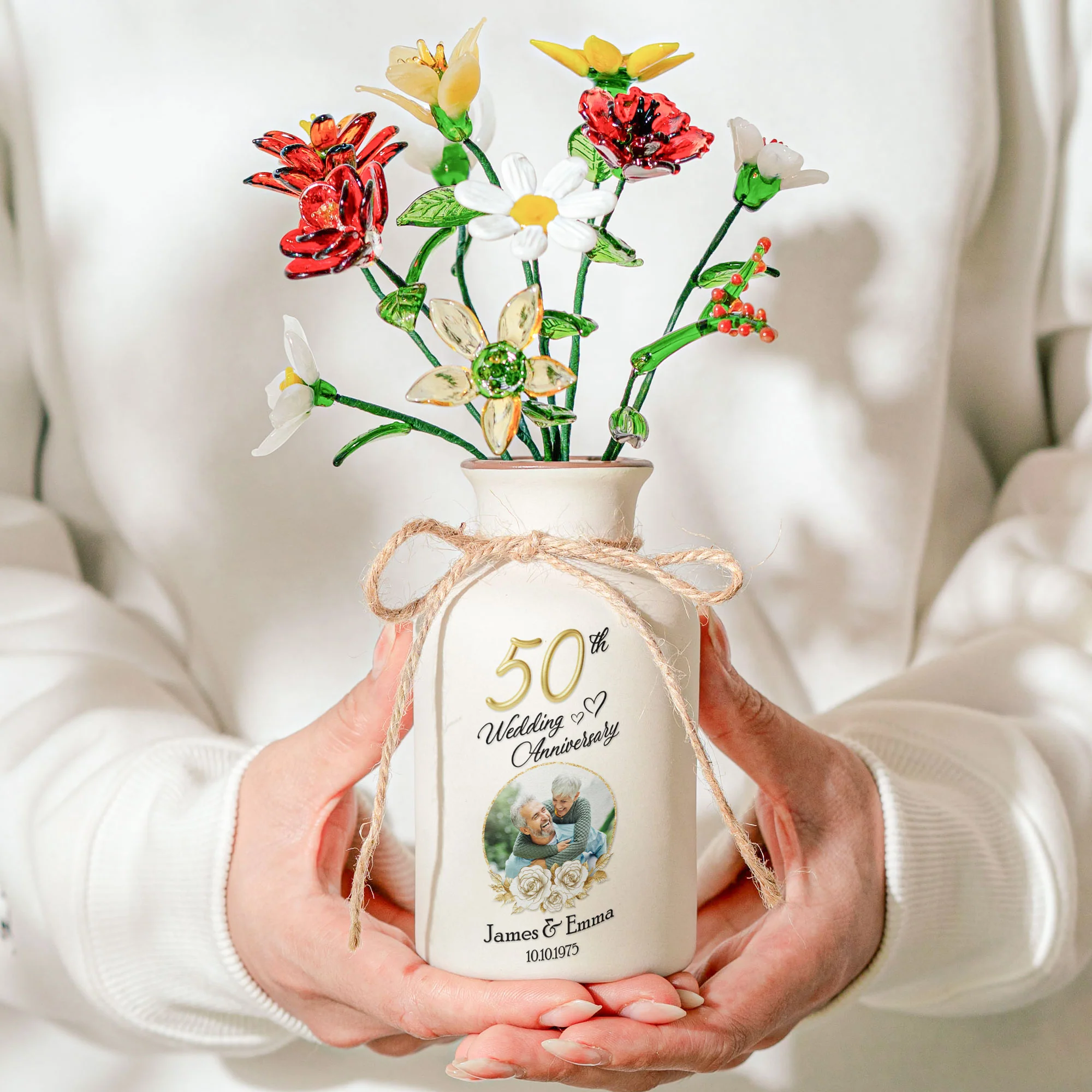 Wedding Anniversary Gift For Her - Personalized Photo Vase With Glass Birth Month Flowers - Image 8