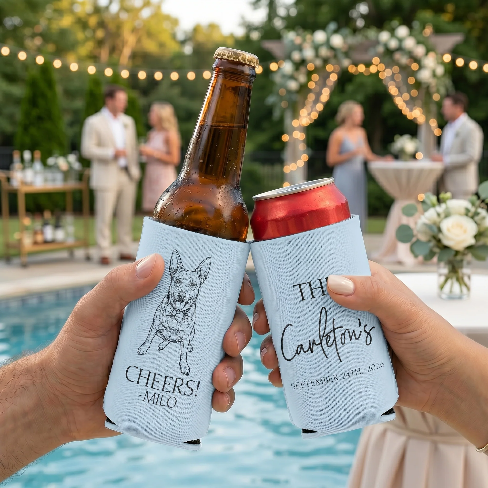 Wedding Can Cooler Favor Custom Pet Photo Sketch Line Art - Personalized Can Cooler - Image 4
