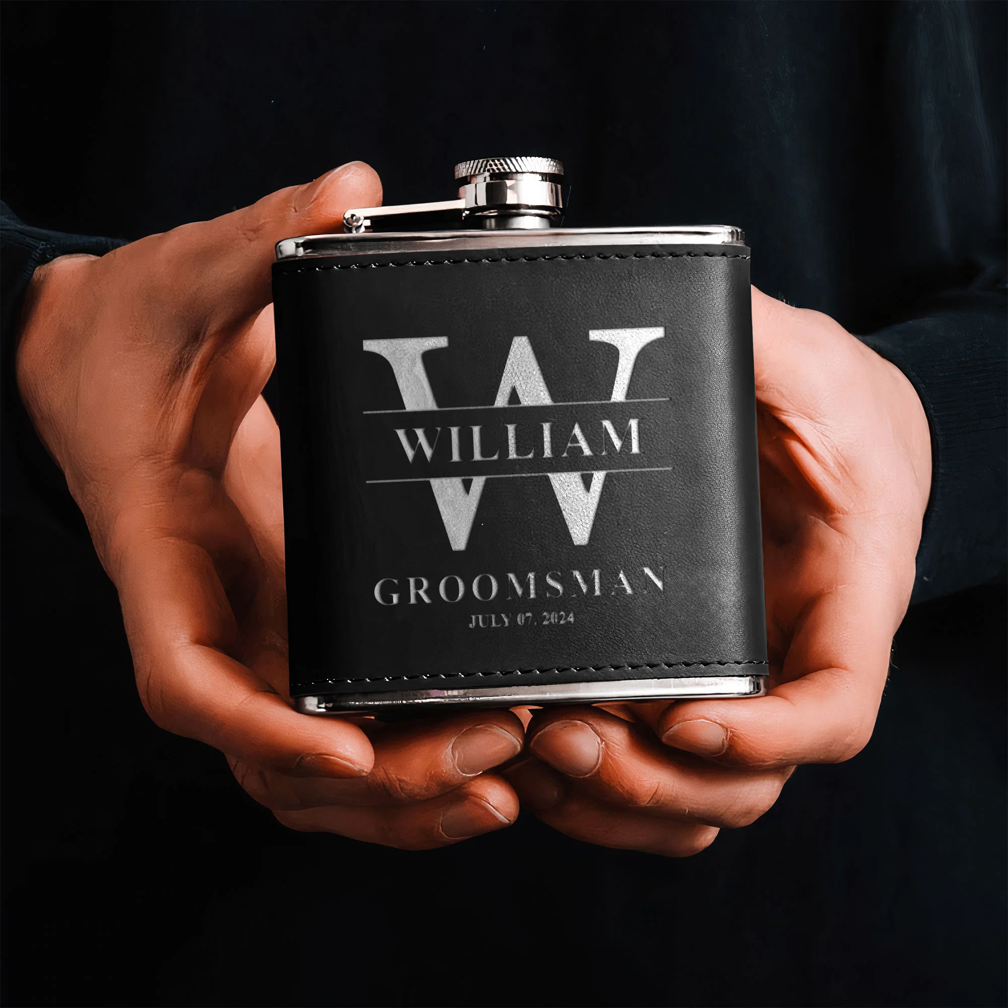 Wedding Gift For Groom And Groomsmen - Personalized Leather Flask - Image 3