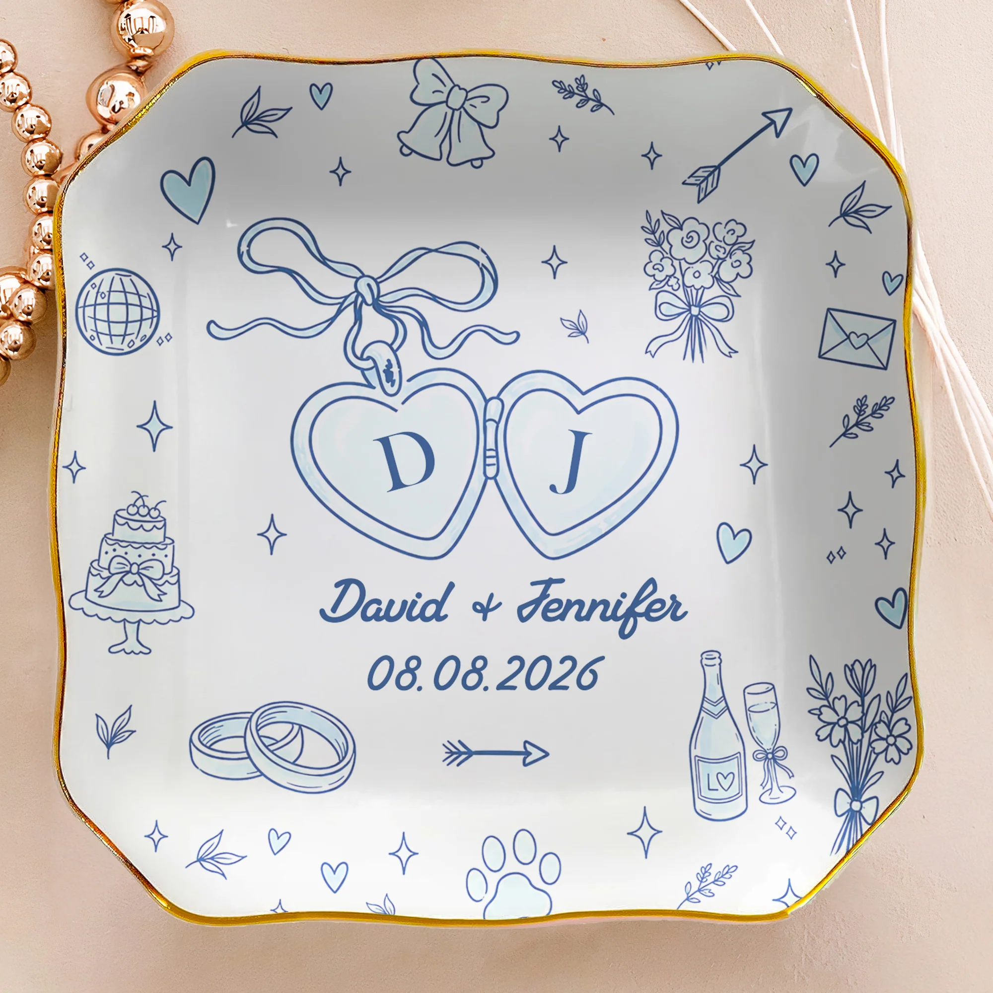 Wedding Ring Dish For Couple Custom Names & Year Engagement Bridal Shower Gift For Bride - Personalized Jewelry Dish - Image 2