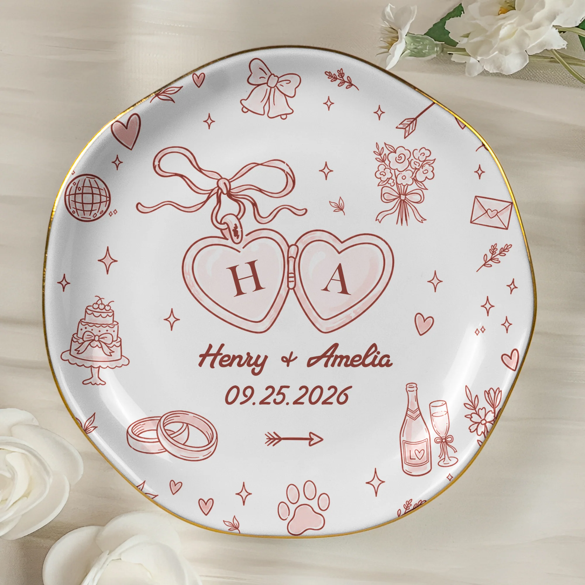 Wedding Ring Dish For Couple Custom Names & Year Engagement Bridal Shower Gift For Bride - Personalized Jewelry Dish - Image 3