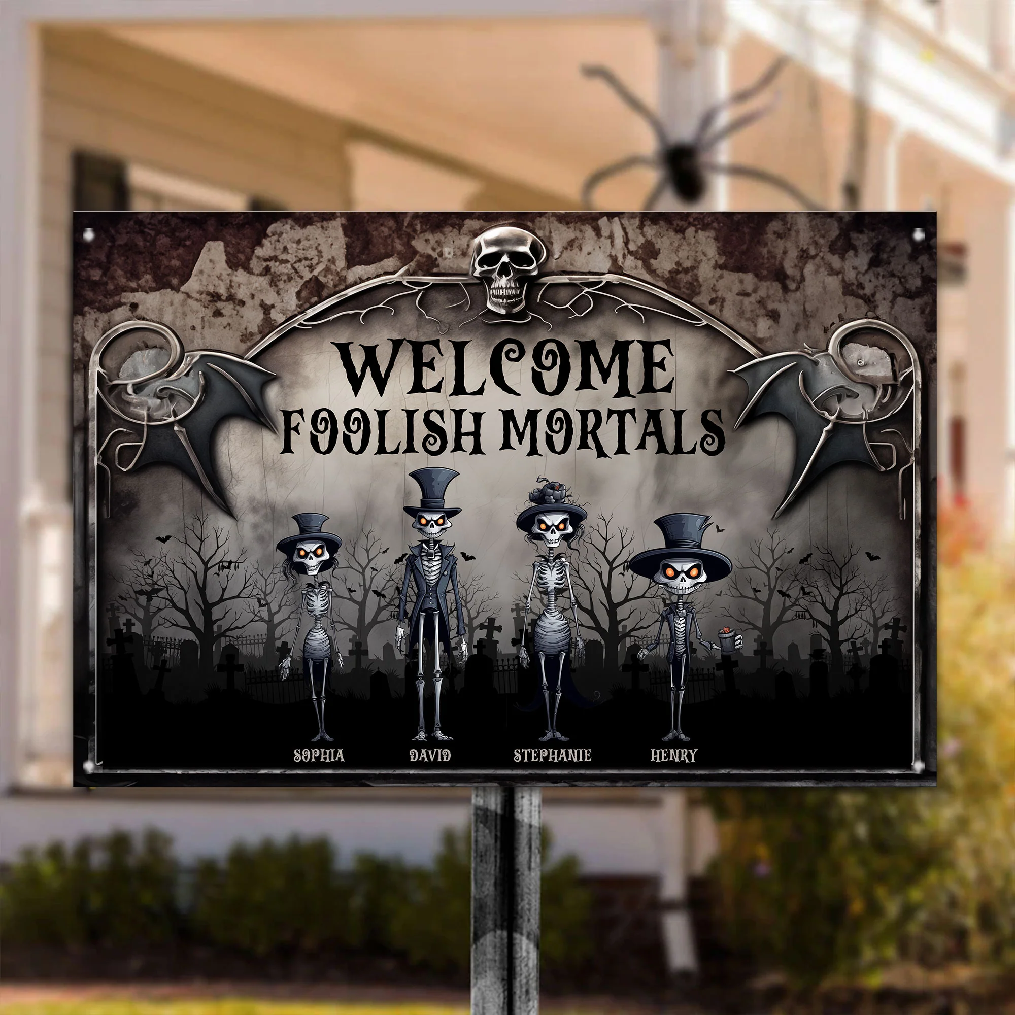 Welcome Foolish Mortals. Skeleton Family - Personalized Metal Sign - Image 2