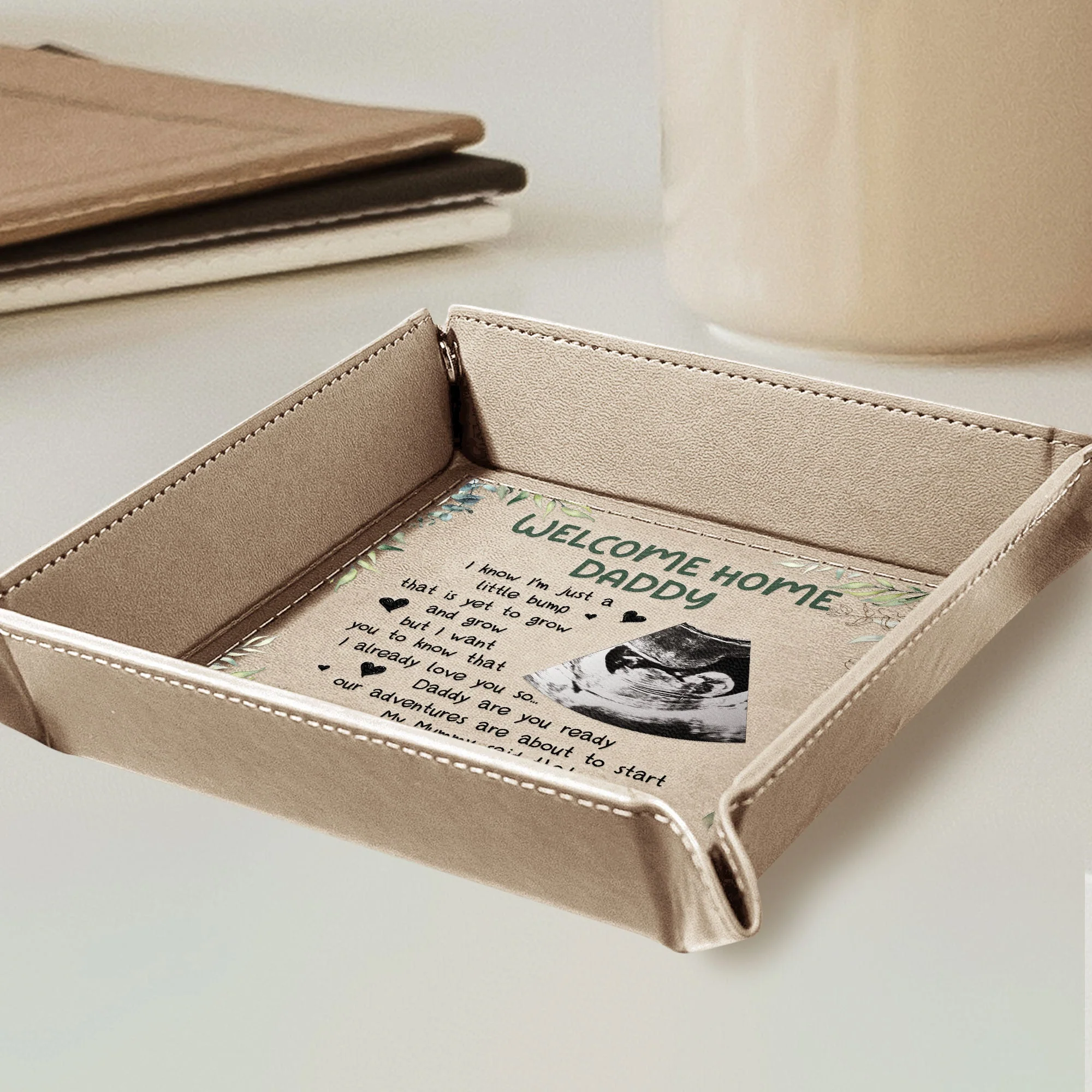 Welcome Home, Daddy I Know I'm Just A Little Bump - Personalized Photo Leather Valet Tray - Image 4