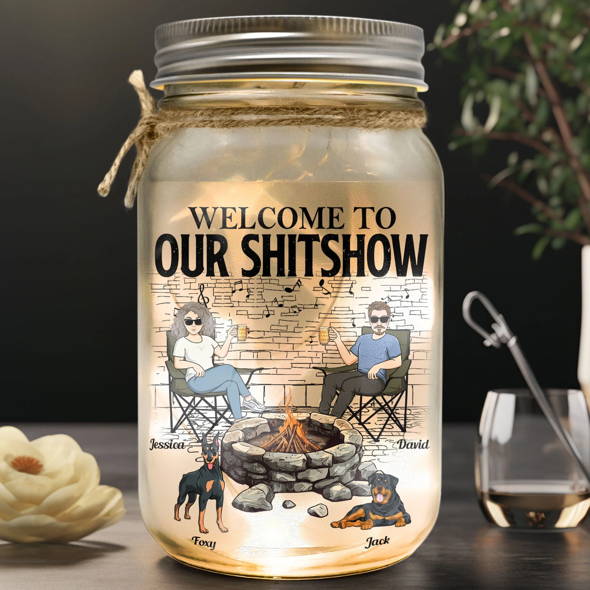 Welcome To Our Sh*-Show Firepit - Personalized Mason Jar Light - Image 2