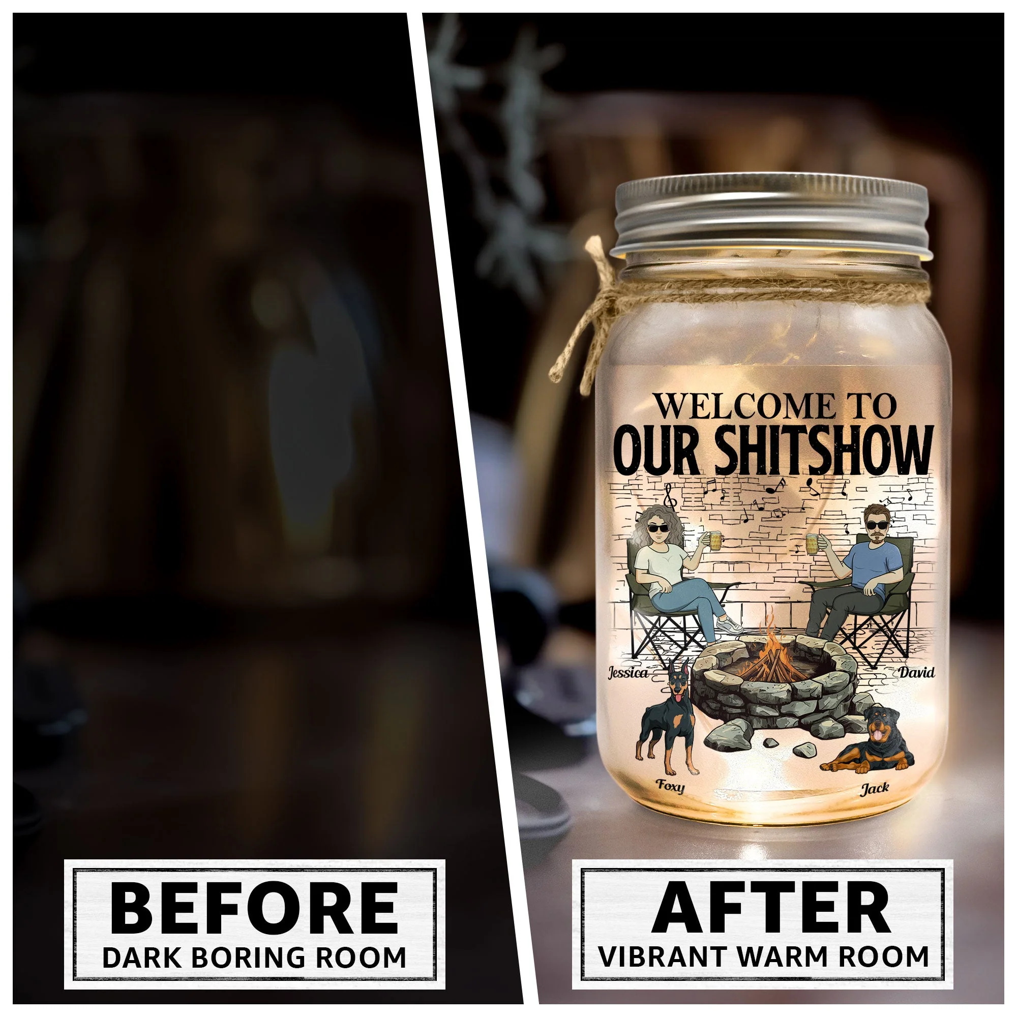 Welcome To Our Sh*-Show Firepit - Personalized Mason Jar Light - Image 4