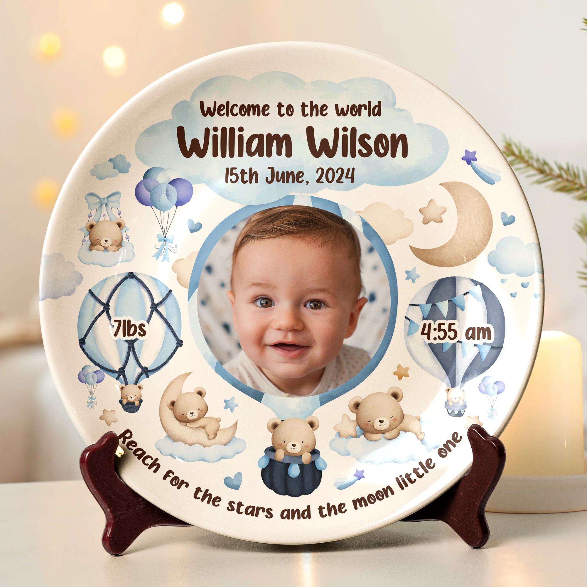 Welcome To The World Newborn Birth Plate - Personalized Photo Ceramic Plate - Image 2