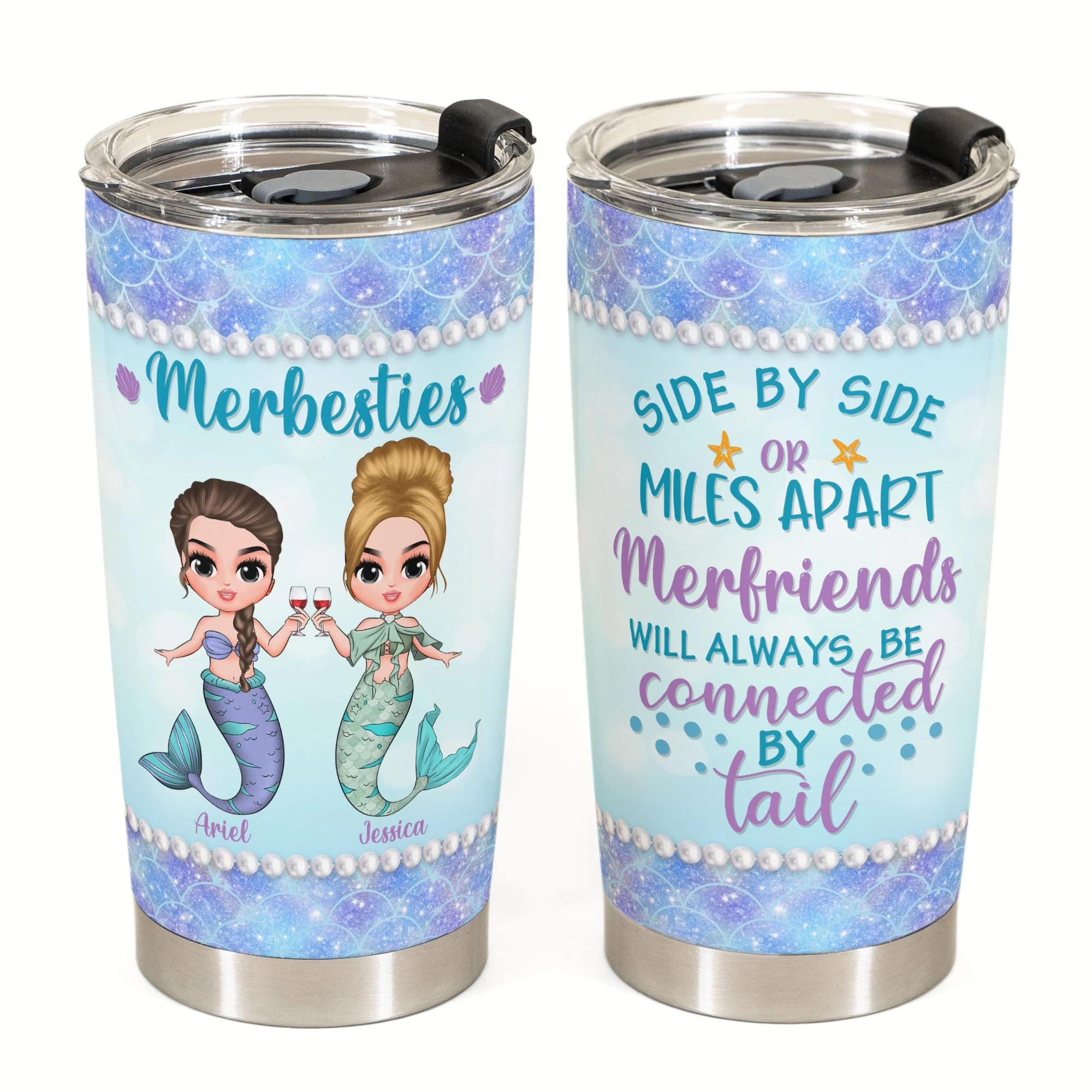 We'll Always Connected By Tail - Personalized Tumbler Cup - Birthday Gift For Merfriends, Mermaid Squad, Beach Lovers - Image 2