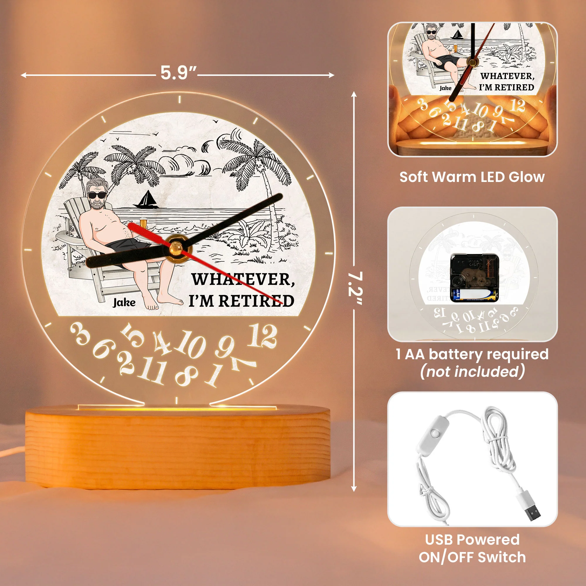 Whatever, I’m Retired - Retirement Funny Gifts For Him, Her - Personalized Acrylic Desk Clock Light - Image 5