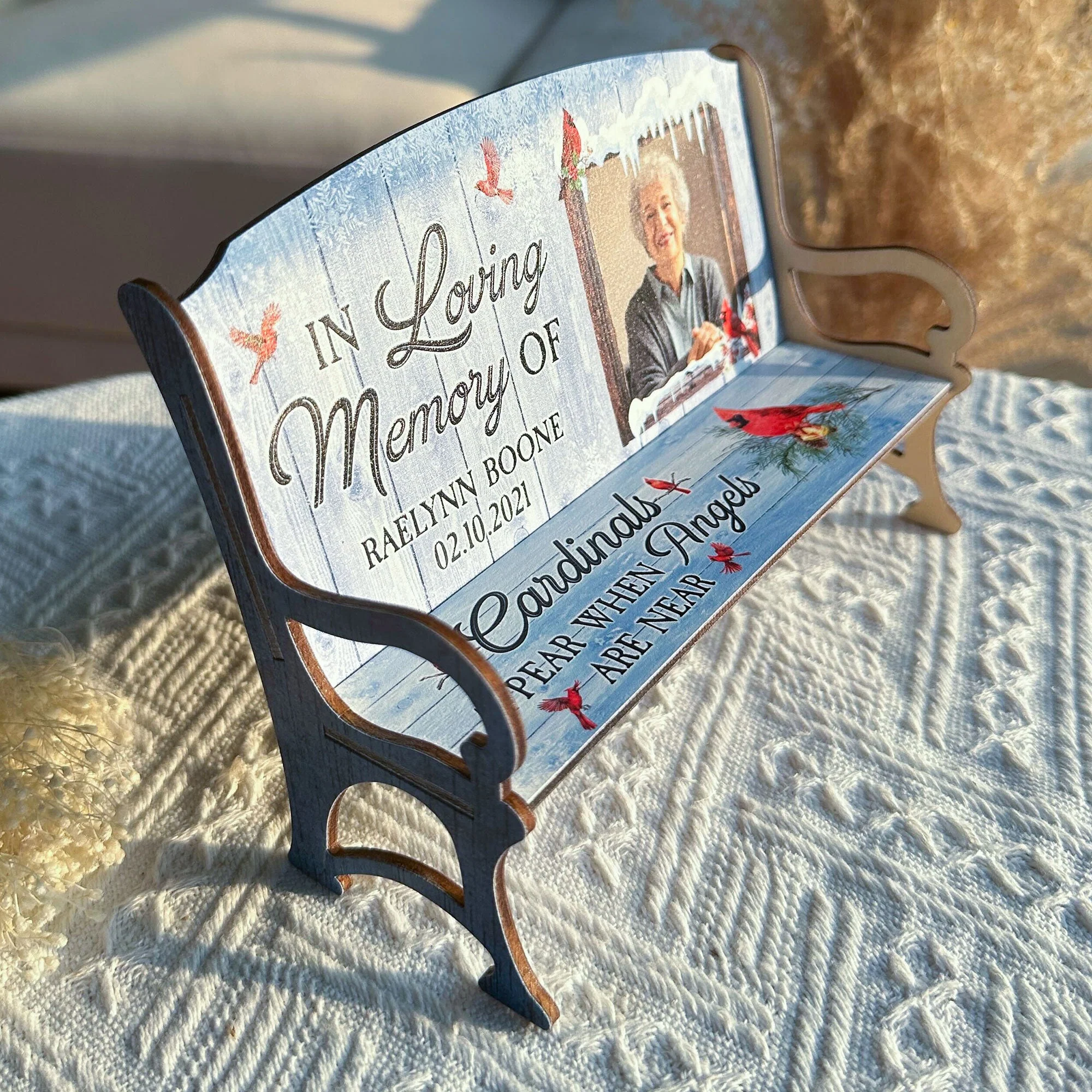 When Angels Are Near - Personalized Photo Memorial Bench - Image 4