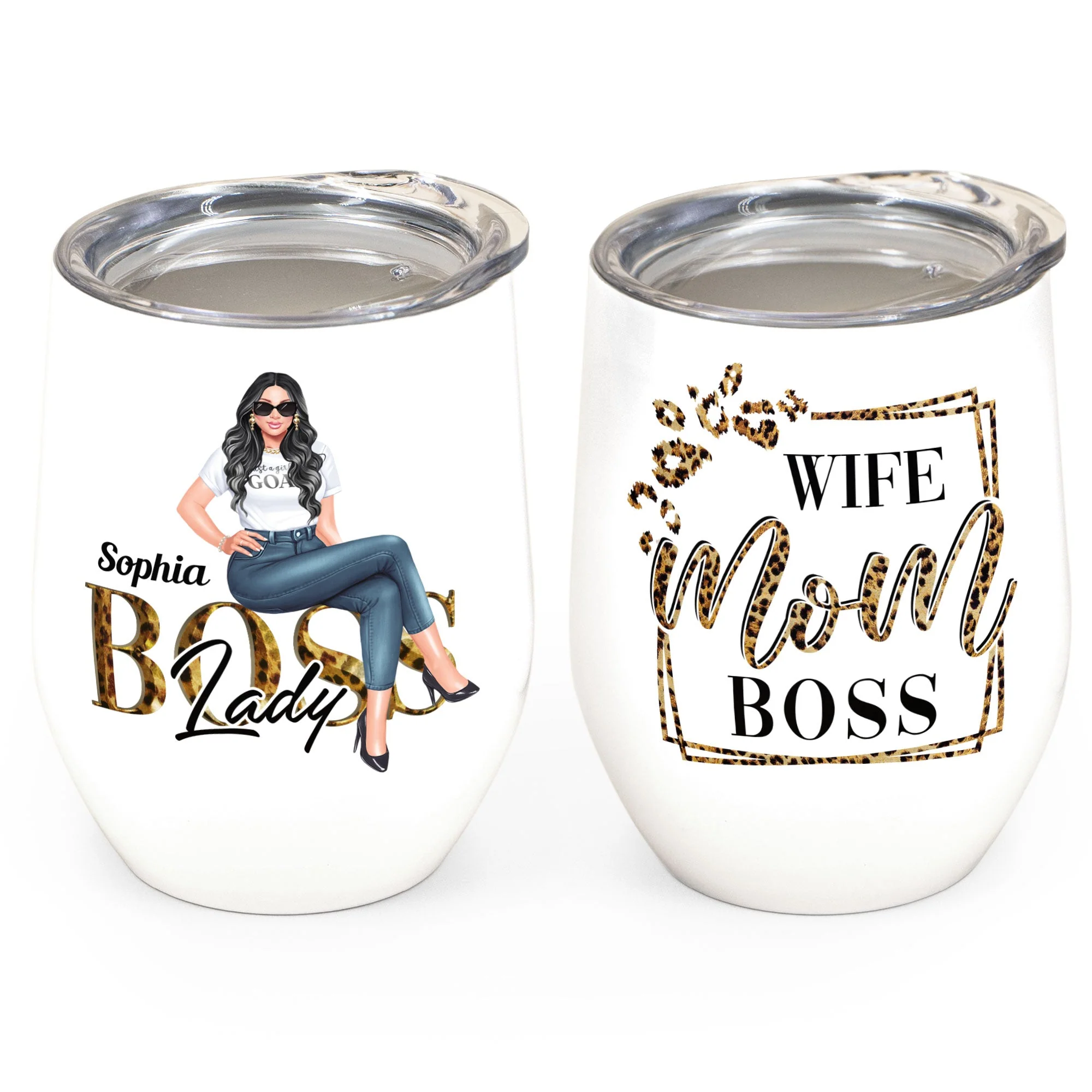 Wife Mom Boss Lady - Personalized Wine Tumbler - Birthday Gift For Mom, Boss, Wife - Leopard Design - Image 2