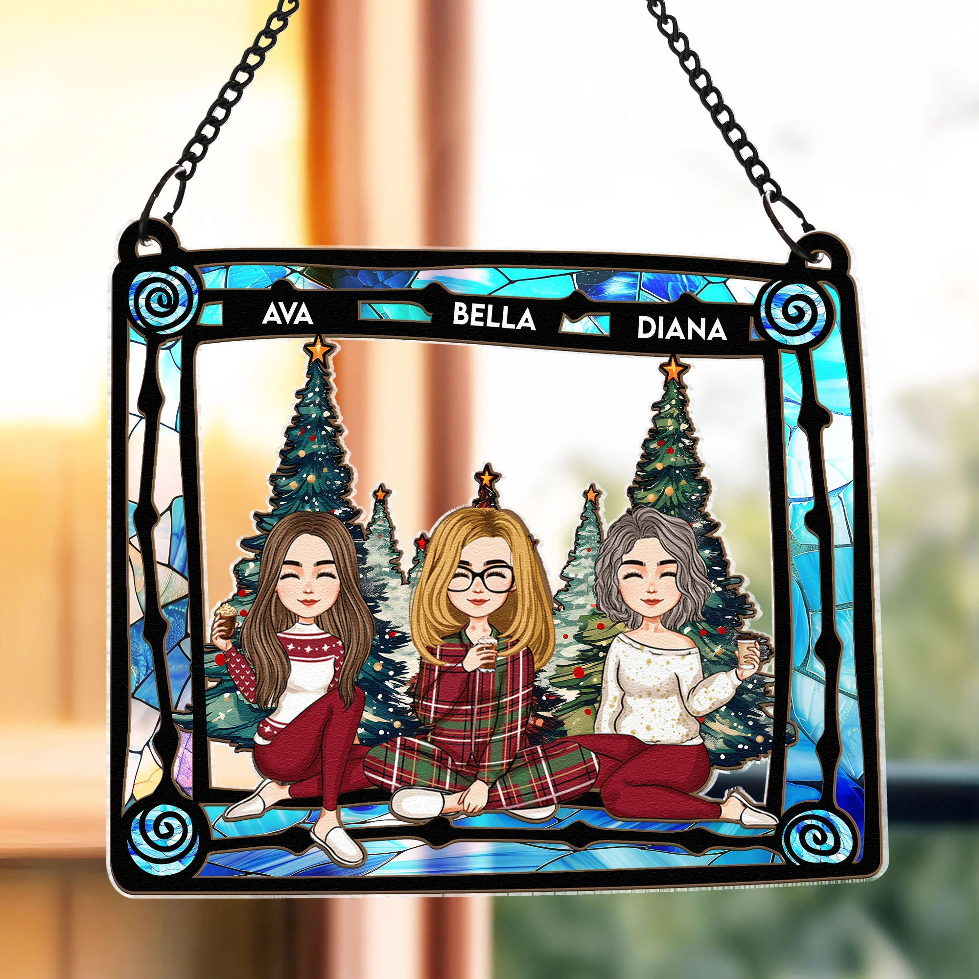 With Mom Under Christmas Tree - Personalized Window Hanging Suncatcher Ornament - Image 3