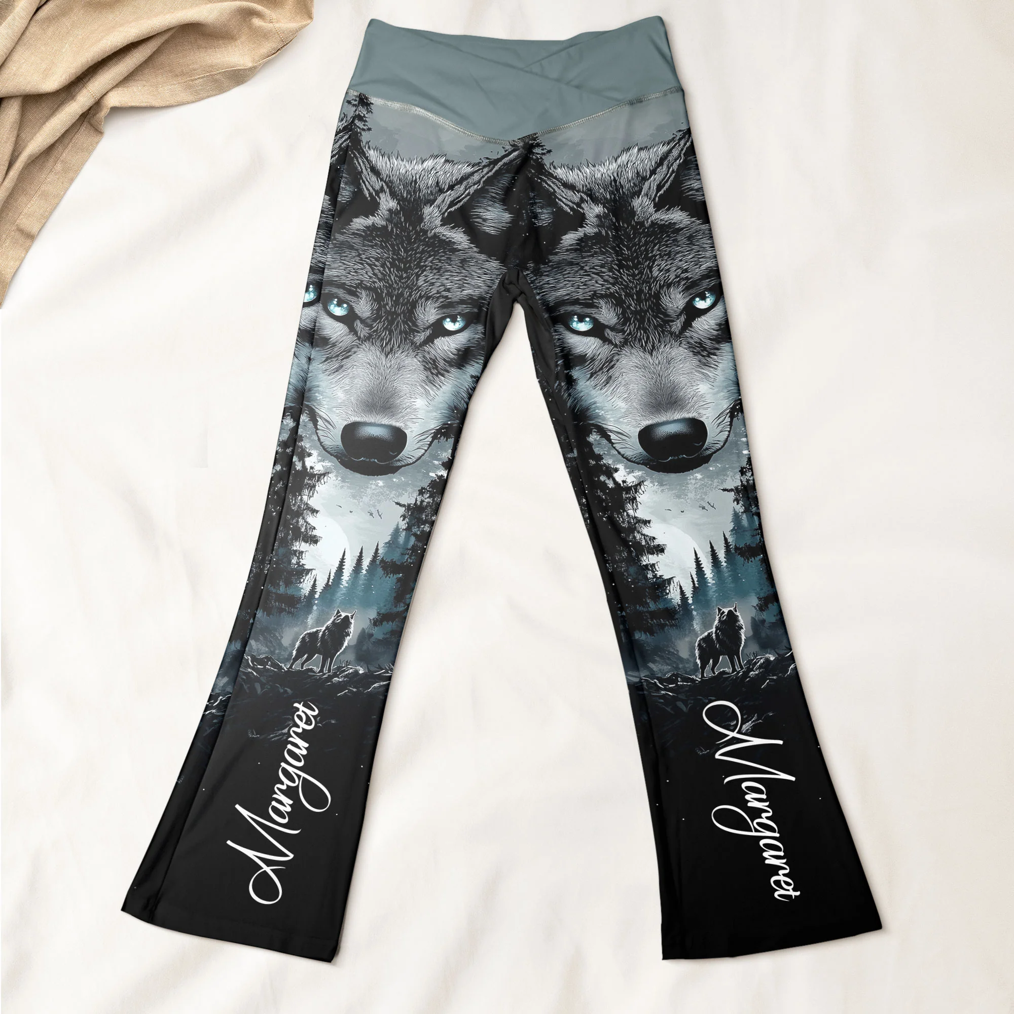 Wolf & Forest Print Self Gift Gift For Her - Personalized Flare Leggings - Image 2