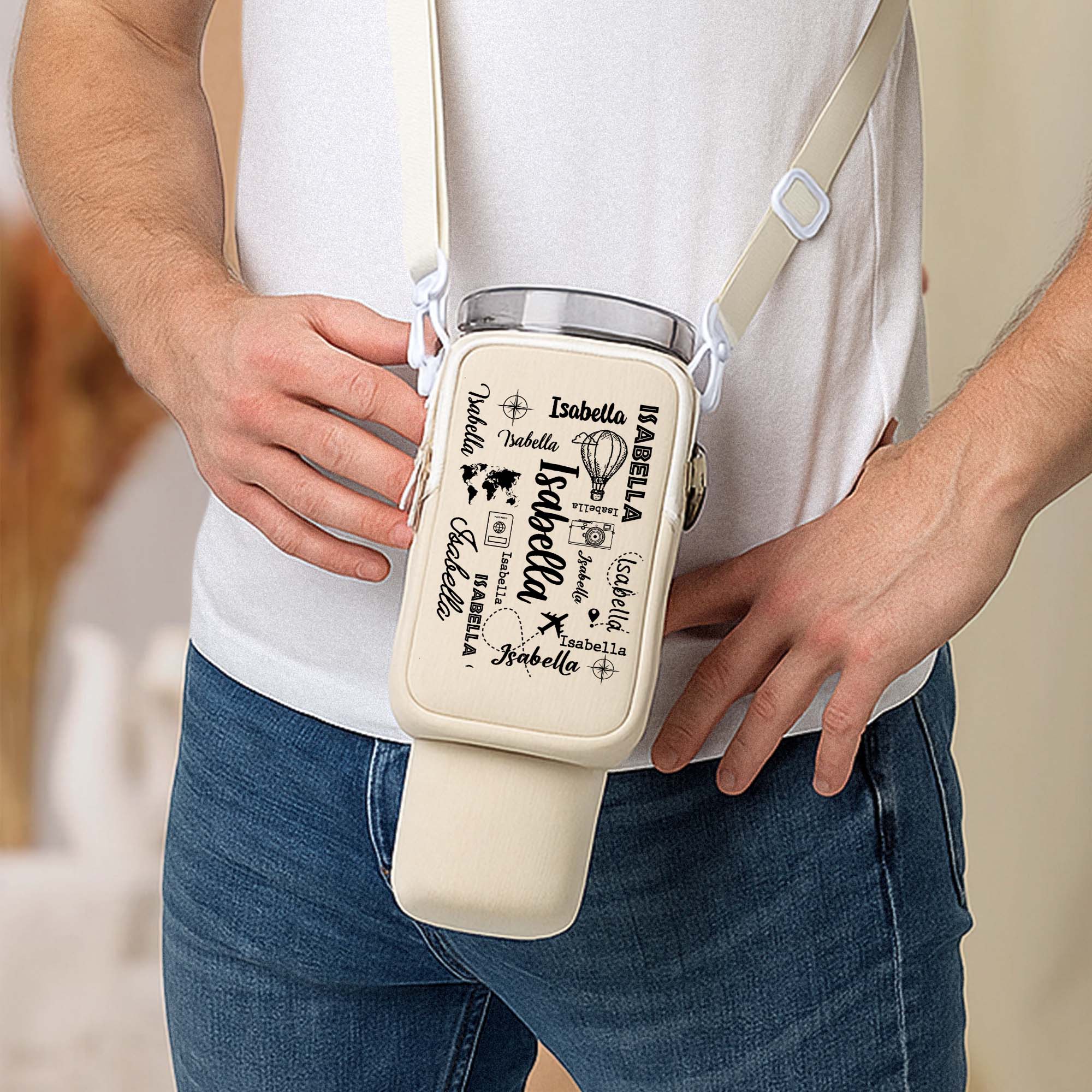 Word Art Names For Travel Lovers - Custom Water Bottle Carrier Bag - Image 4