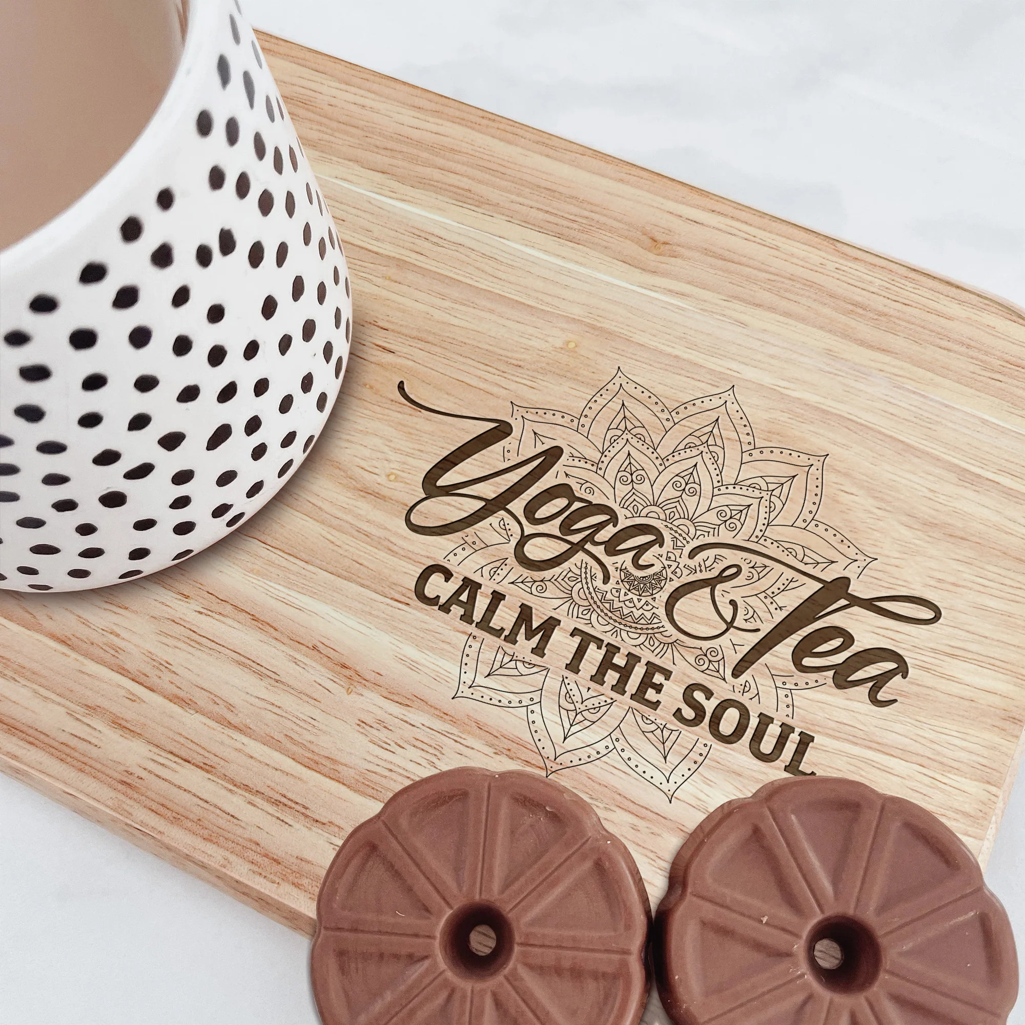 Yoga And Tea Calm The Soul - Custom Engraved Wooden Tea & Biscuit Board - Image 2