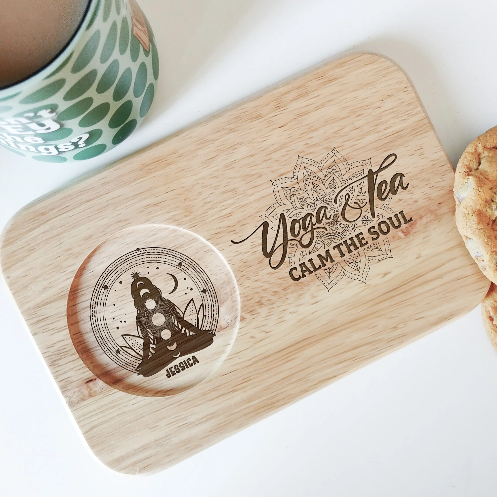 Yoga And Tea Calm The Soul - Custom Engraved Wooden Tea & Biscuit Board - Image 3