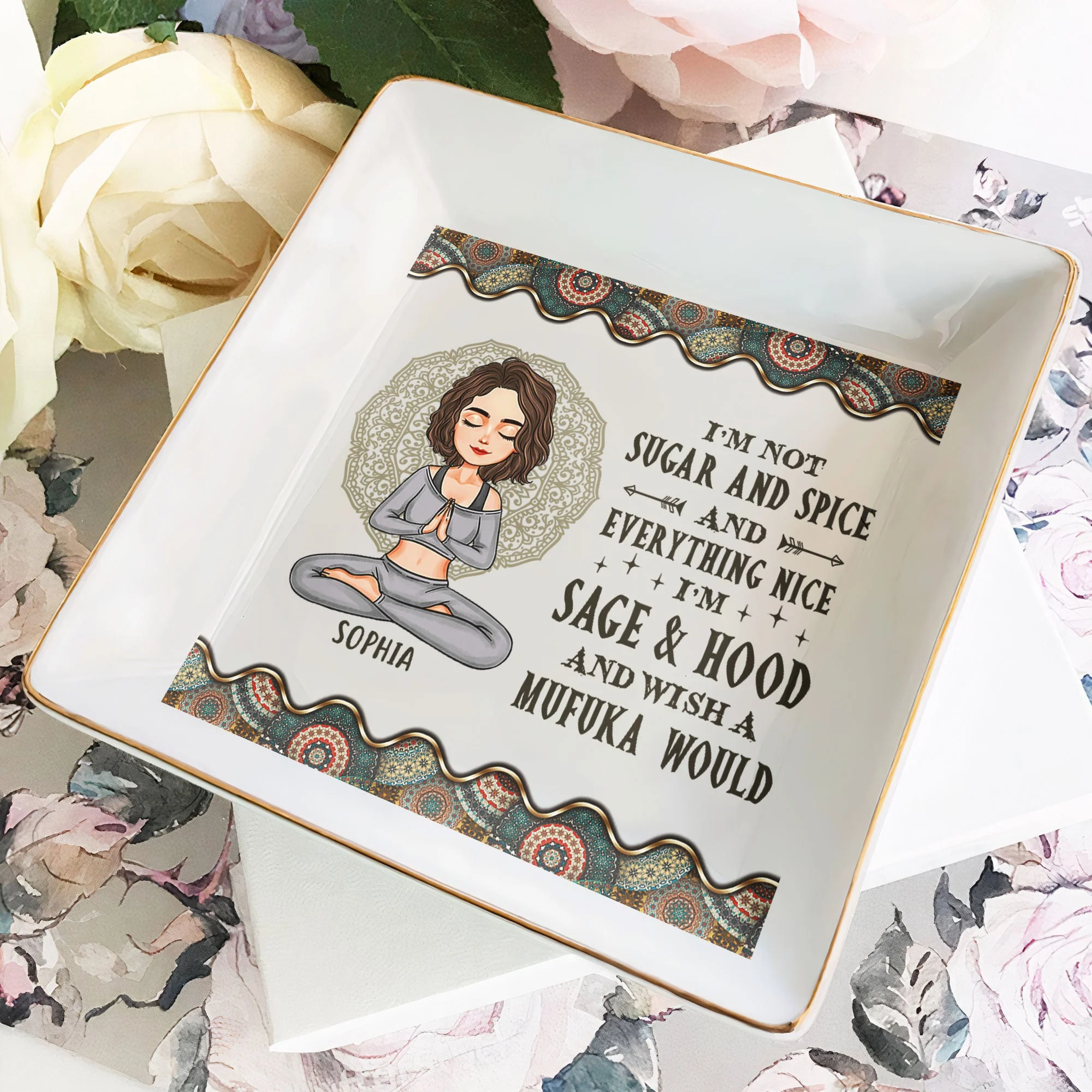 Yoga Gift I'm Mostly Peace Love - Personalized Jewelry Dish - Image 3