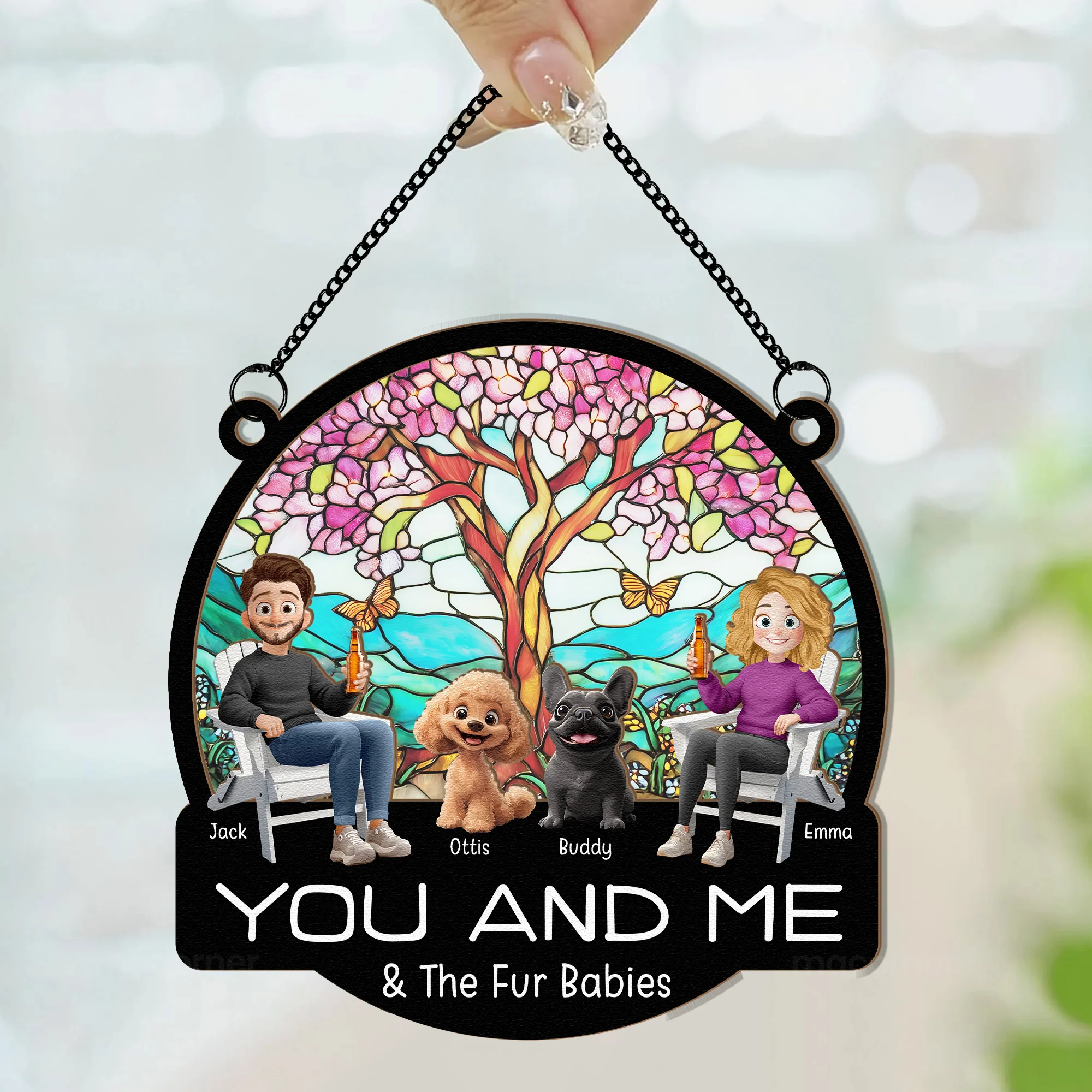You And Me And The Fur Babies - Personalized Window Hanging Suncatcher Ornament - Image 2