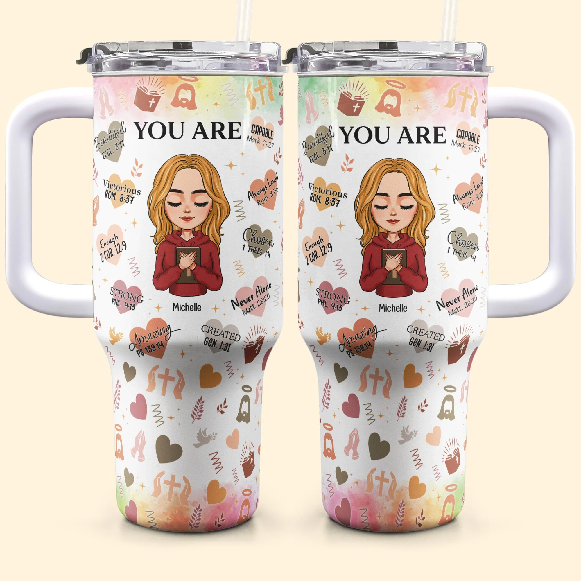 You Are Bible Verse Christian Gift For Women - Personalized 40oz Tumbler With Straw - Image 4