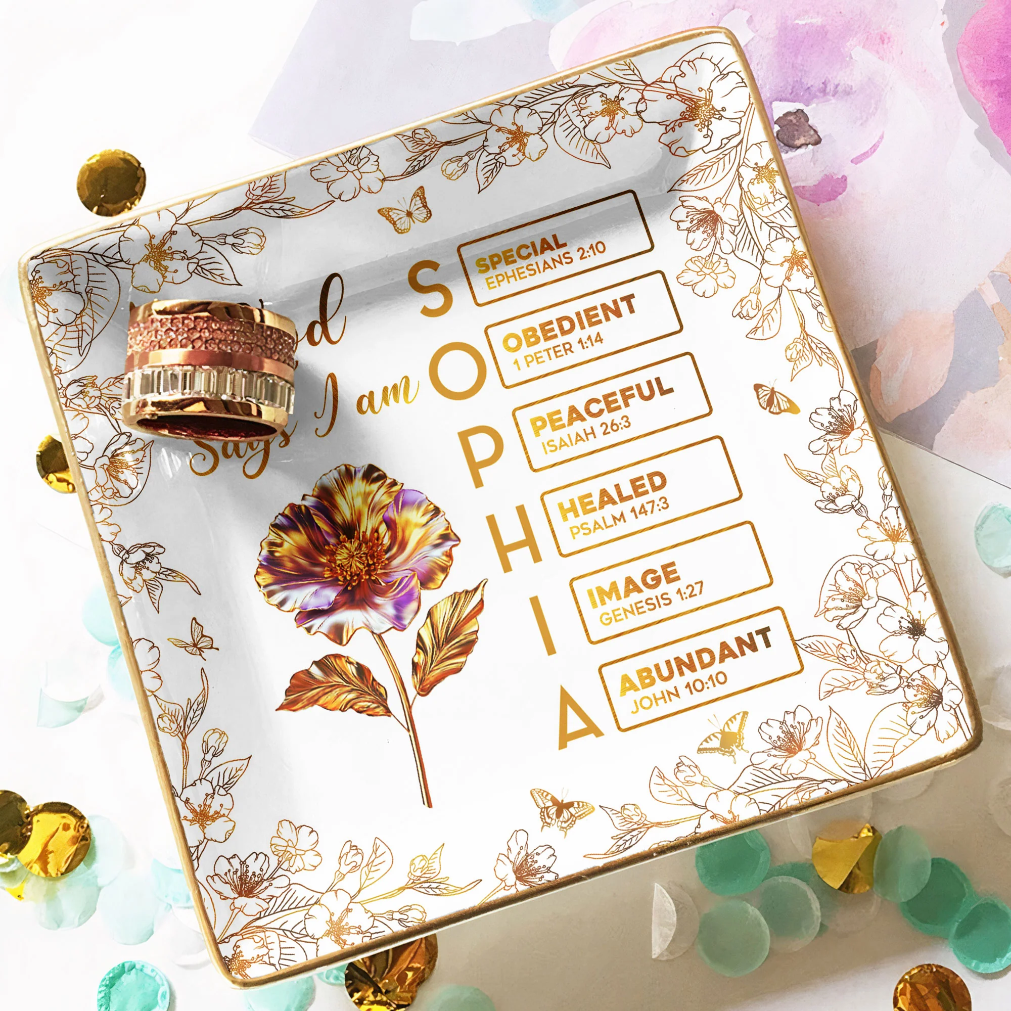 You Are Custom Name Letter In Bible Gold Birth Flower Style - Personalized Jewelry Dish - Image 4