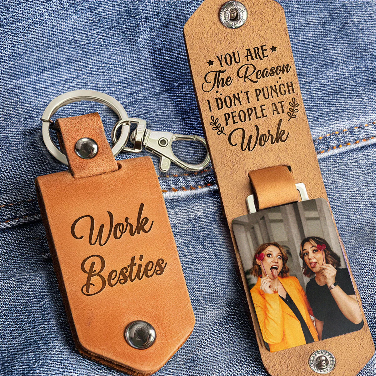 You Are The Reason I Don'T Punch People At Work - Personalized Leather Photo Keychain - Image 2