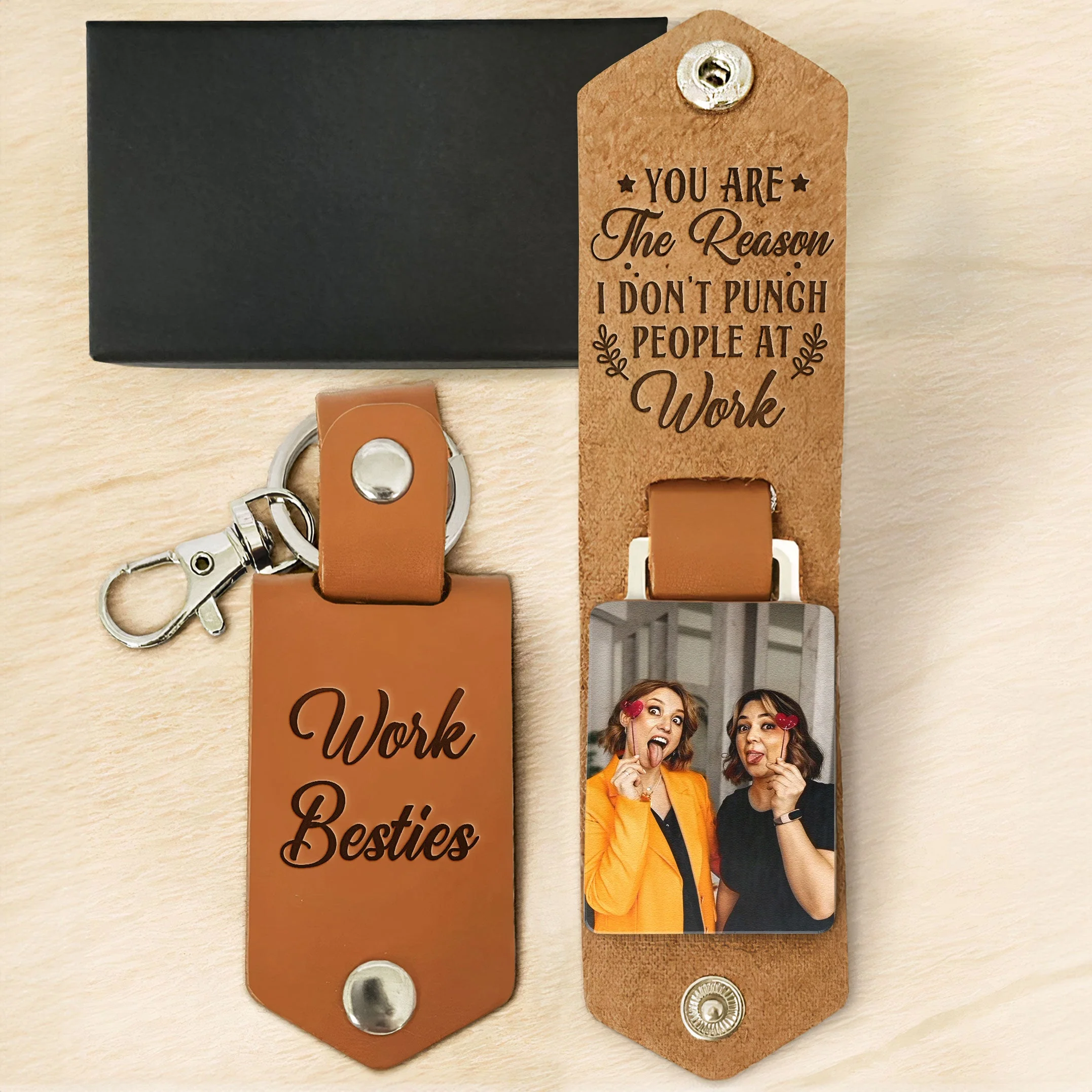 You Are The Reason I Don'T Punch People At Work - Personalized Leather Photo Keychain - Image 5