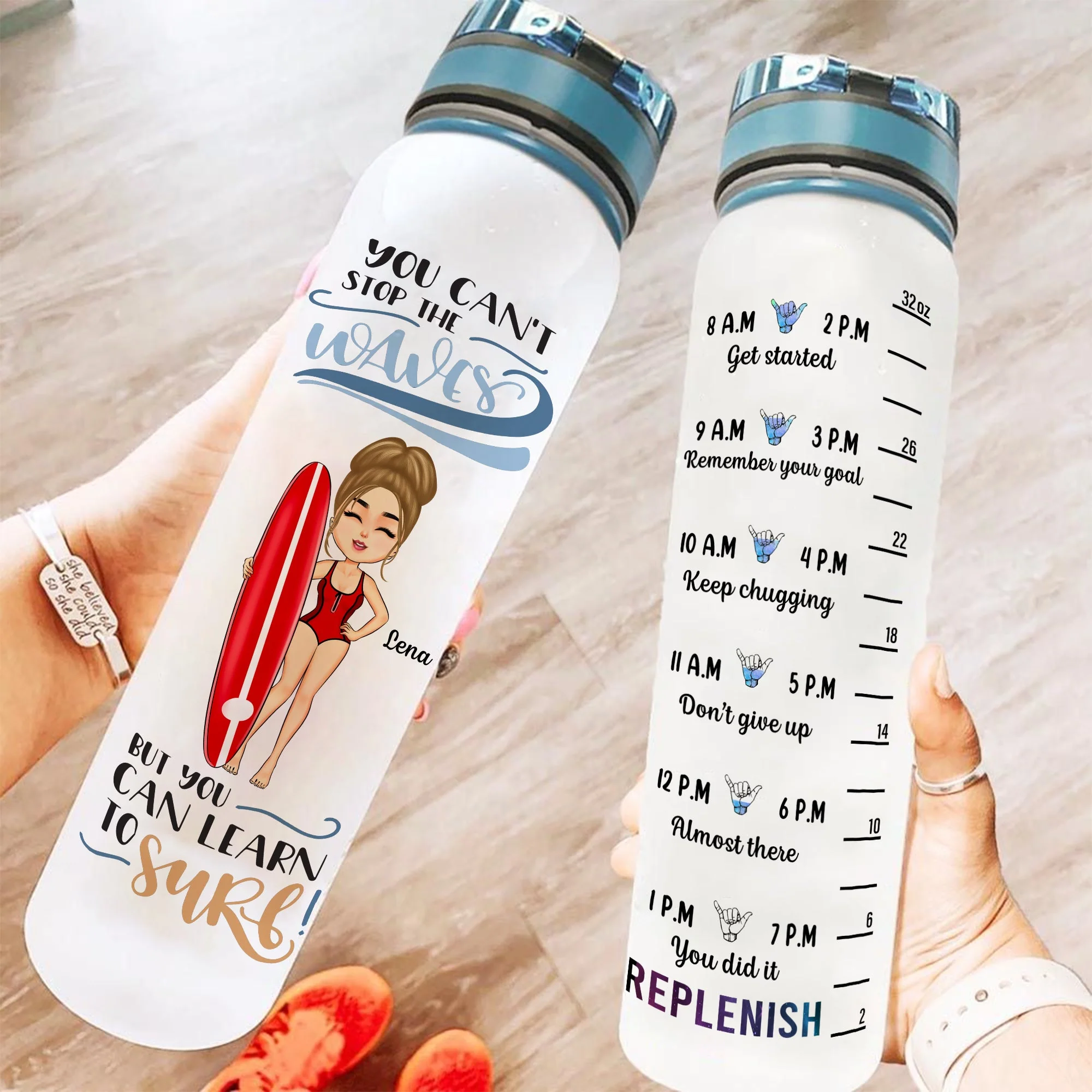 You Can't Stop The Waves But You Can Learn To Surf - Personalized Water Bottle With Time Marker - Summer, Vacation Gift For Surfing Lovers, Surfers, Beach Lover - Image 2