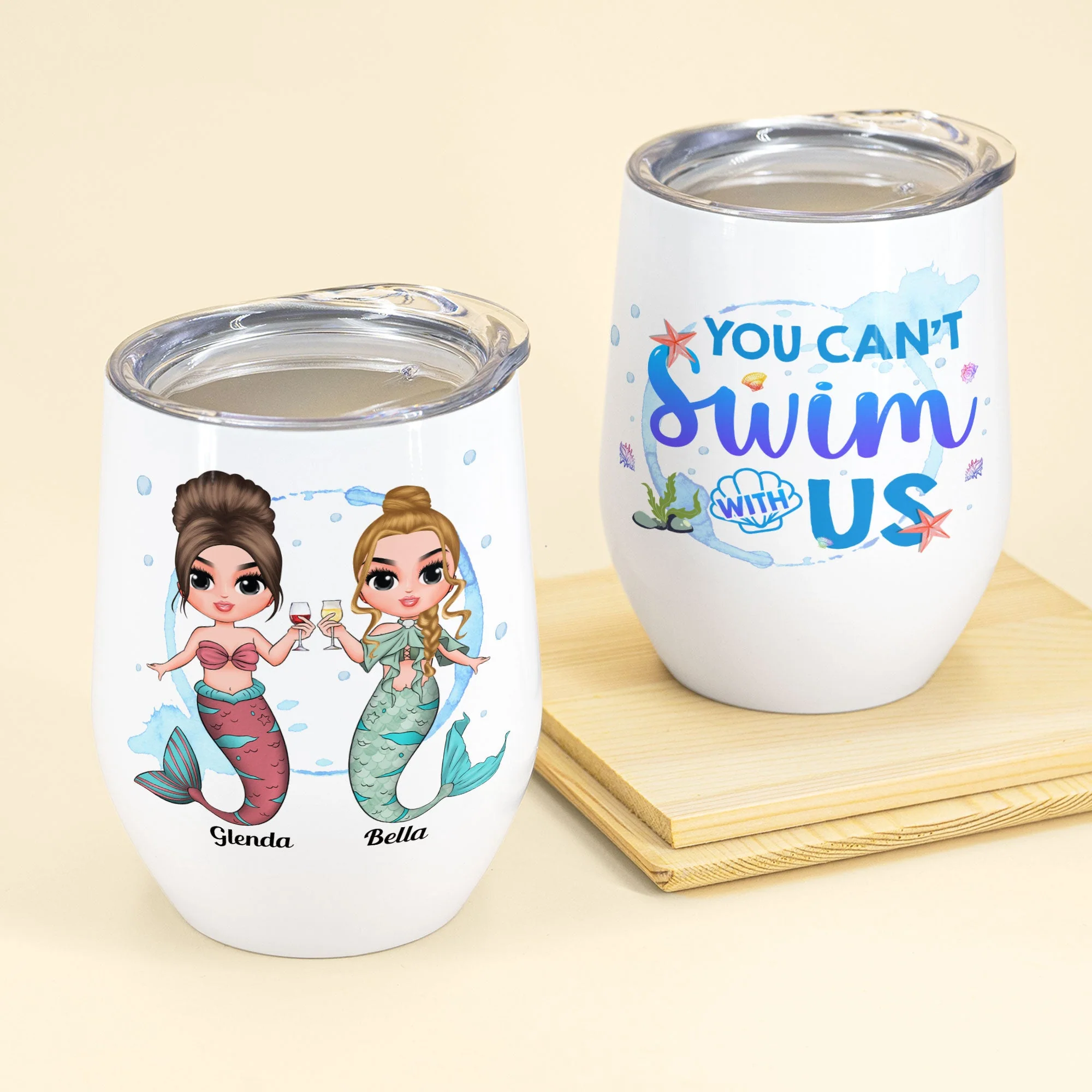 You Can't Swim With Us - Personalized Wine Tumbler - Birthday Gift For Merfriends, Mermaids, Wine Lovers, Beach Lovers, Partying  - Front Chibi Mermaid - Image 2