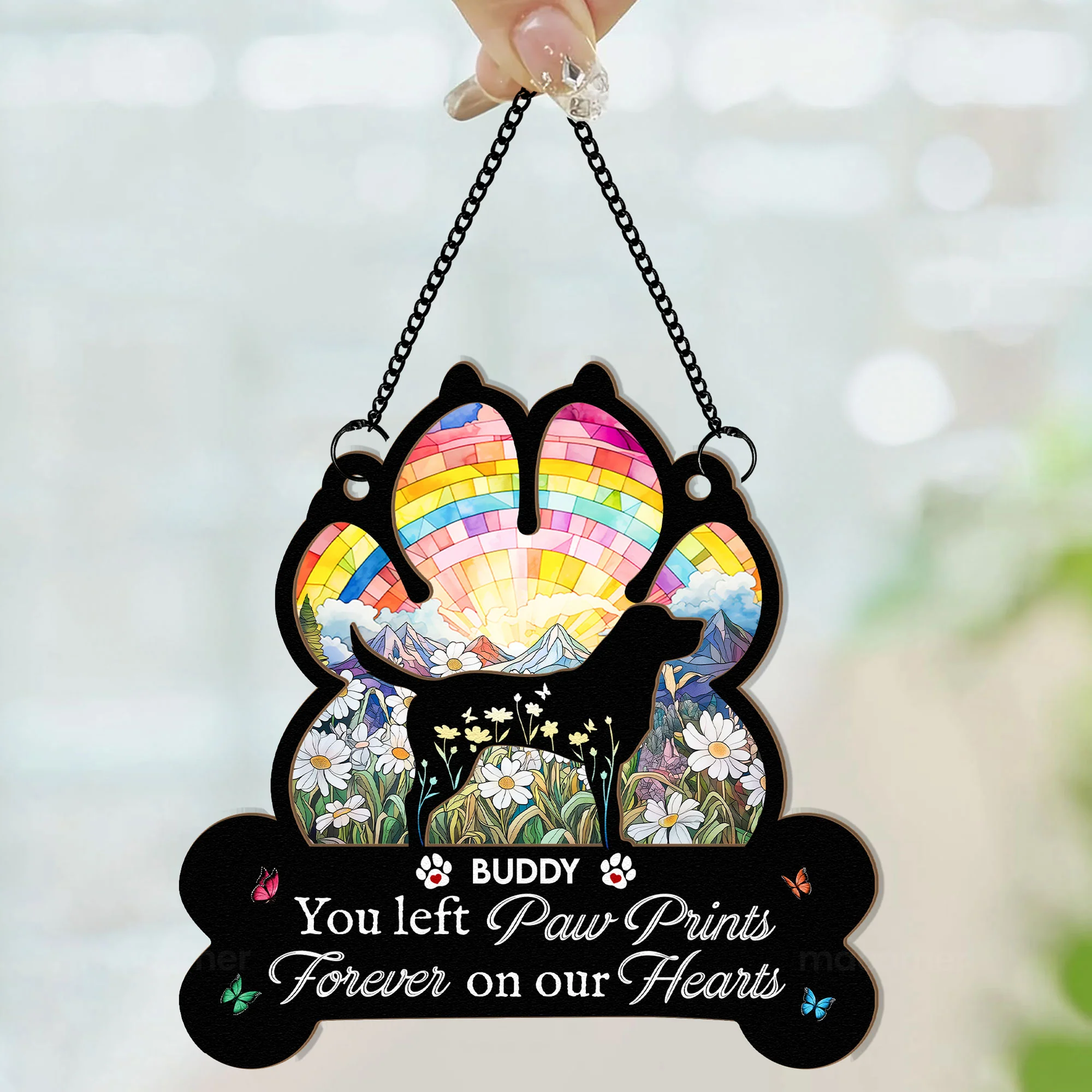 You Left Paw Prints Forever On Our Hearts - Personalized Window Hanging Suncatcher Ornament - Image 2