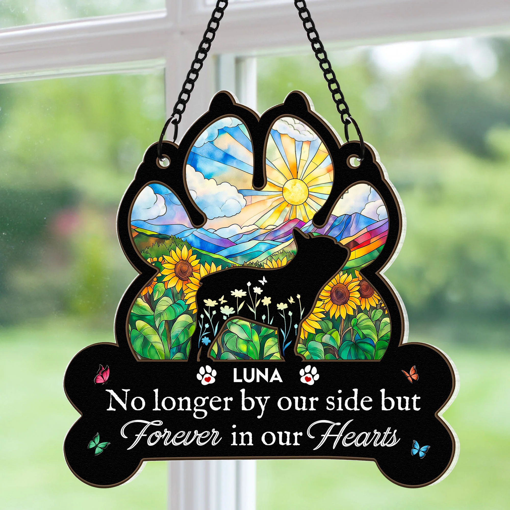 You Left Paw Prints Forever On Our Hearts - Personalized Window Hanging Suncatcher Ornament - Image 3