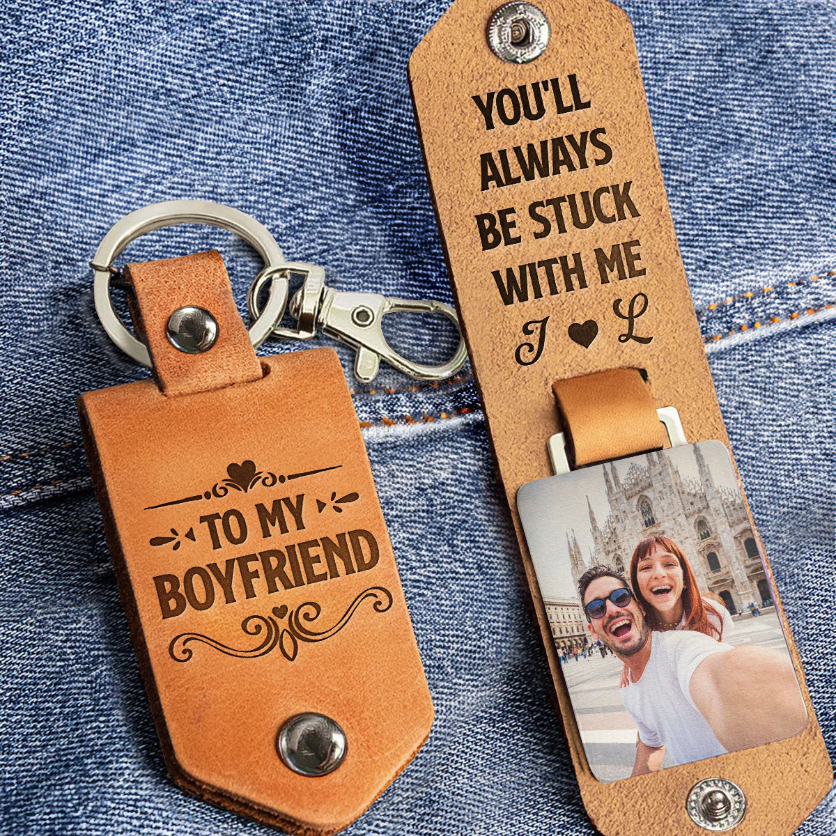 You’ll Always Be Stuck With Me - Personalized Leather Photo Keychain - Image 2