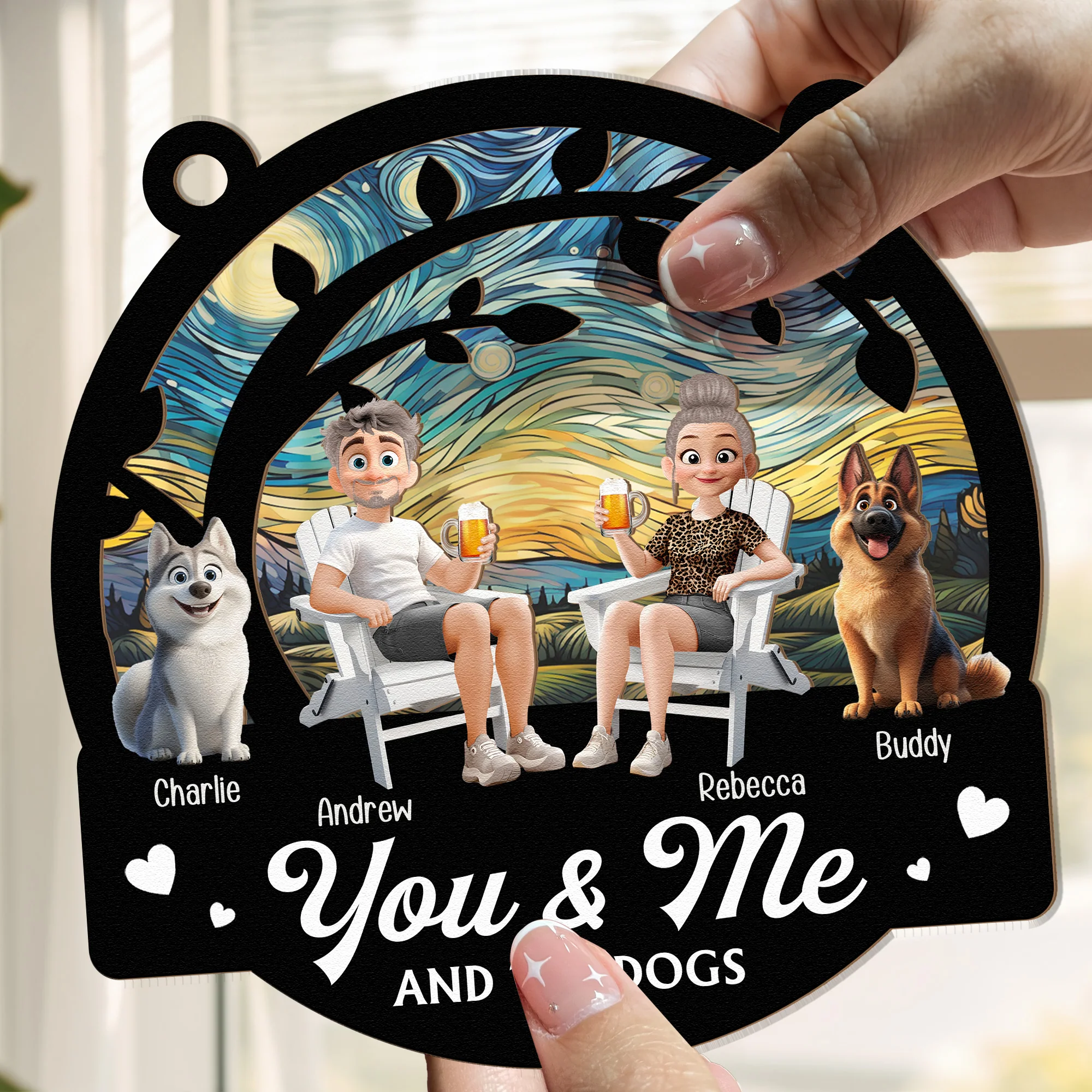 You, Me & The Dogs - Personalized Window Hanging Suncatcher Ornament - Image 3