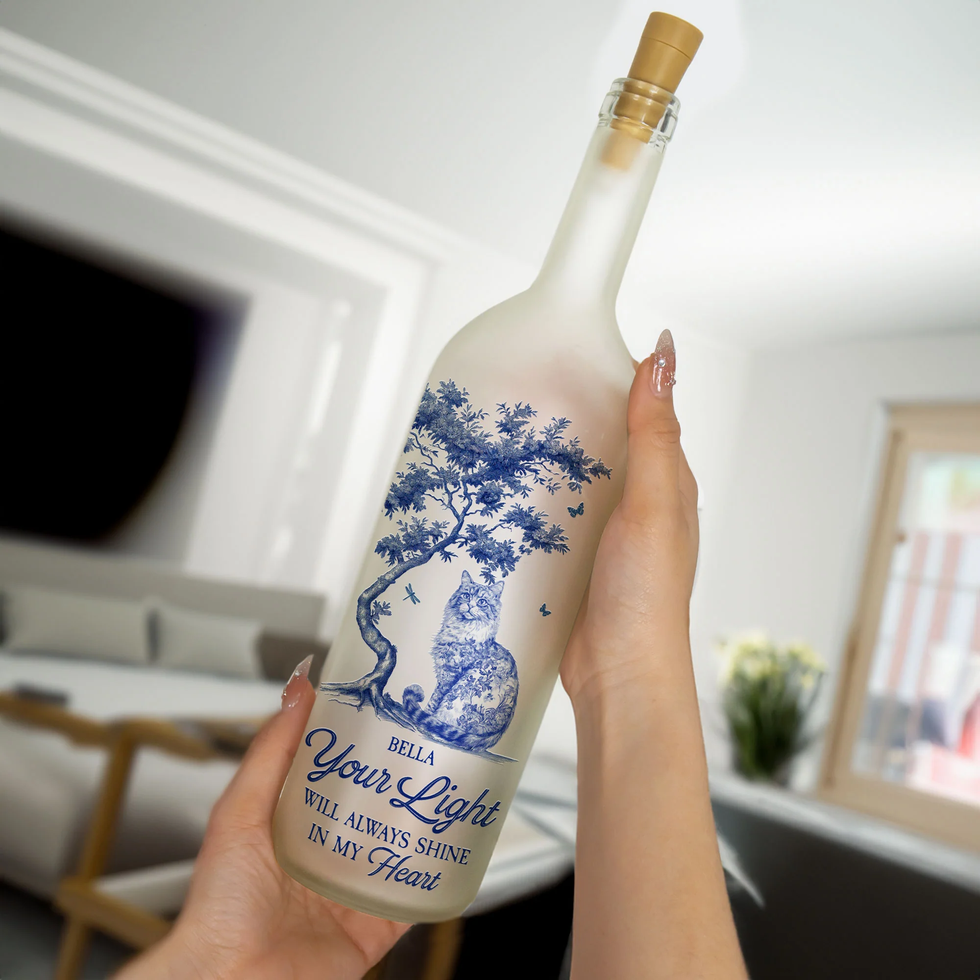 Your Light Will Always Shine Cat Toile De Jouy Style - Personalized Bottle Lamp - Image 3
