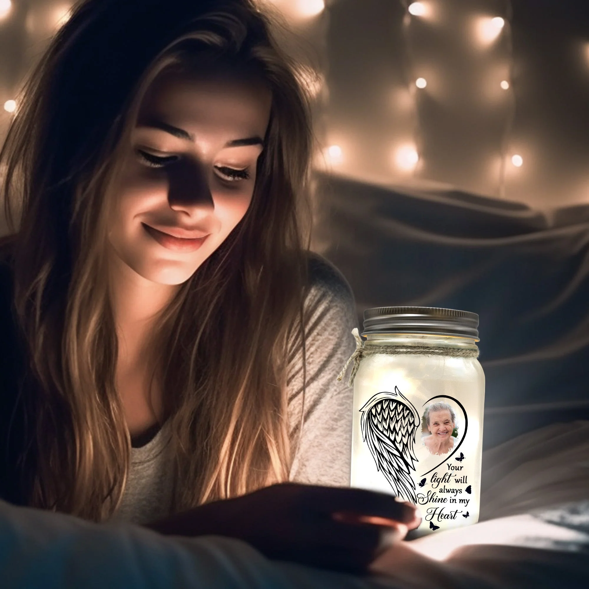 Your Light Will Always Shine In My Heart - Personalized Mason Jar Photo Light - Image 6