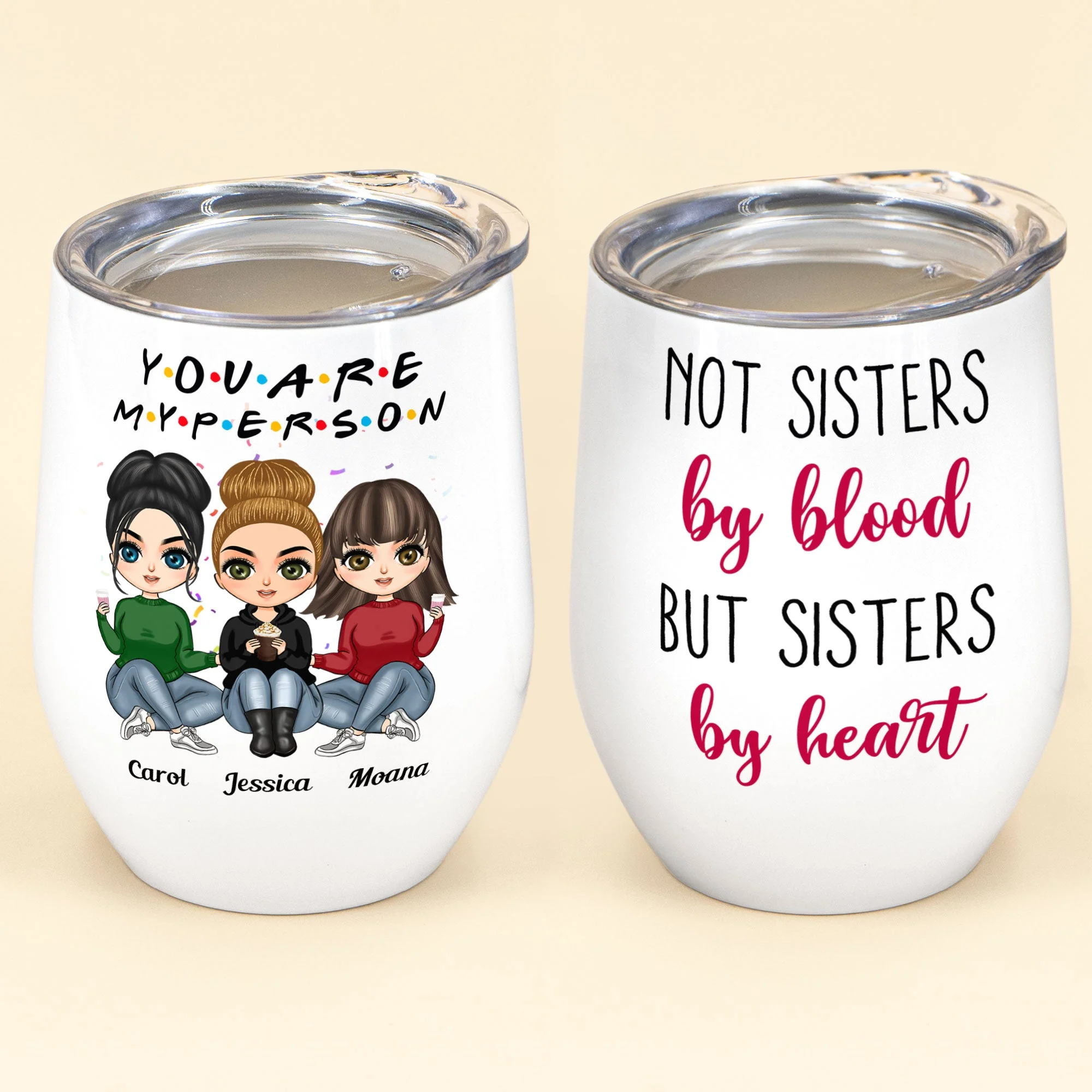 You're My Person - Personalized Wine Tumbler - Birthday, Christmas Gift For BFF, Best Friends, Besties, Soul Sisters - Sitting Cartoon Girls - Image 2