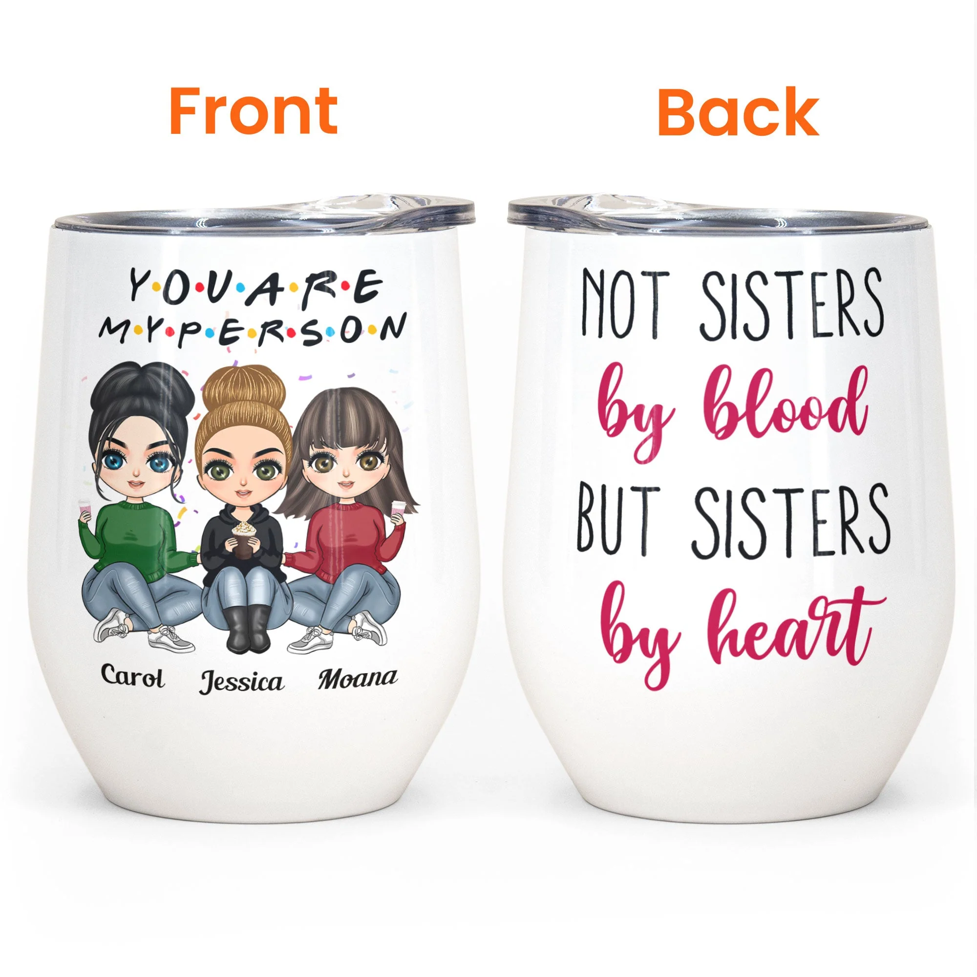 You're My Person - Personalized Wine Tumbler - Birthday, Christmas Gift For BFF, Best Friends, Besties, Soul Sisters - Sitting Cartoon Girls - Image 4