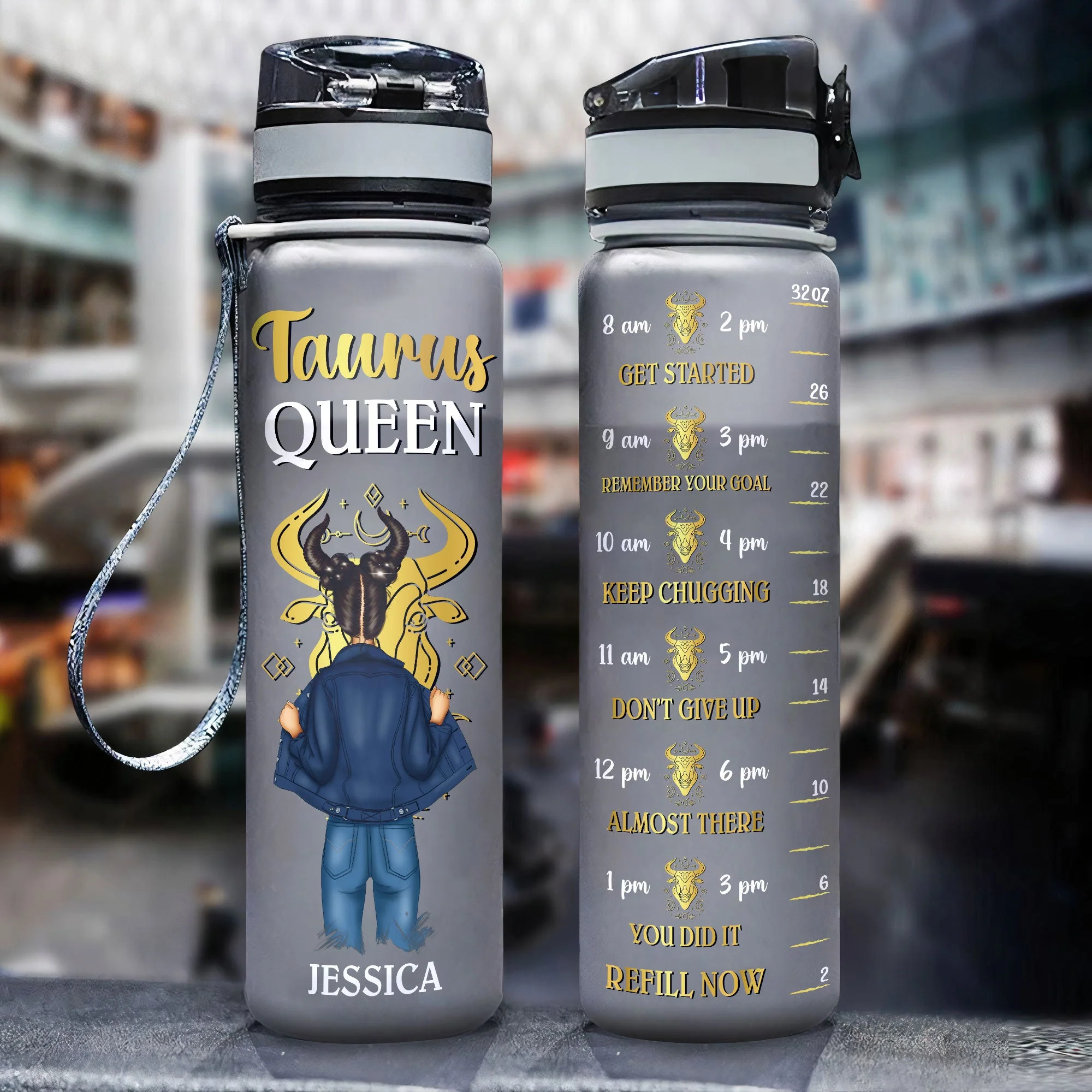 Zodiac Queen  - Personalized Water Bottle With Time Marker - Birthday, Motivation Gift For Girl, Friend, Astrology Lover - Image 2