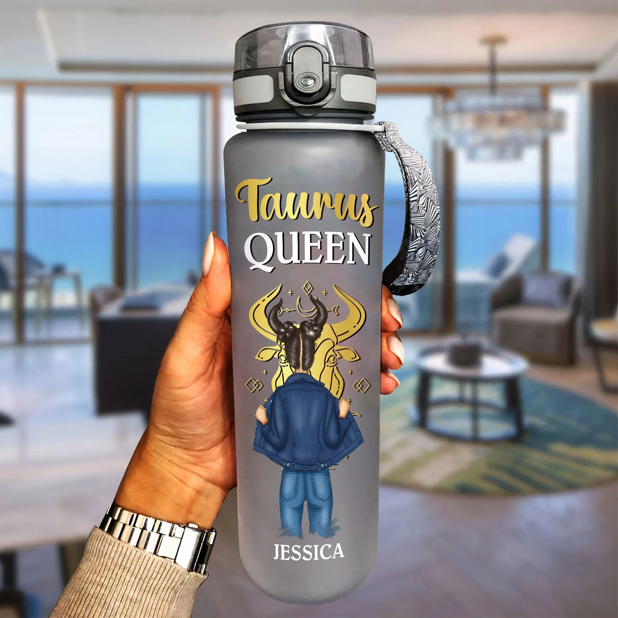 Zodiac Queen  - Personalized Water Bottle With Time Marker - Birthday, Motivation Gift For Girl, Friend, Astrology Lover - Image 3